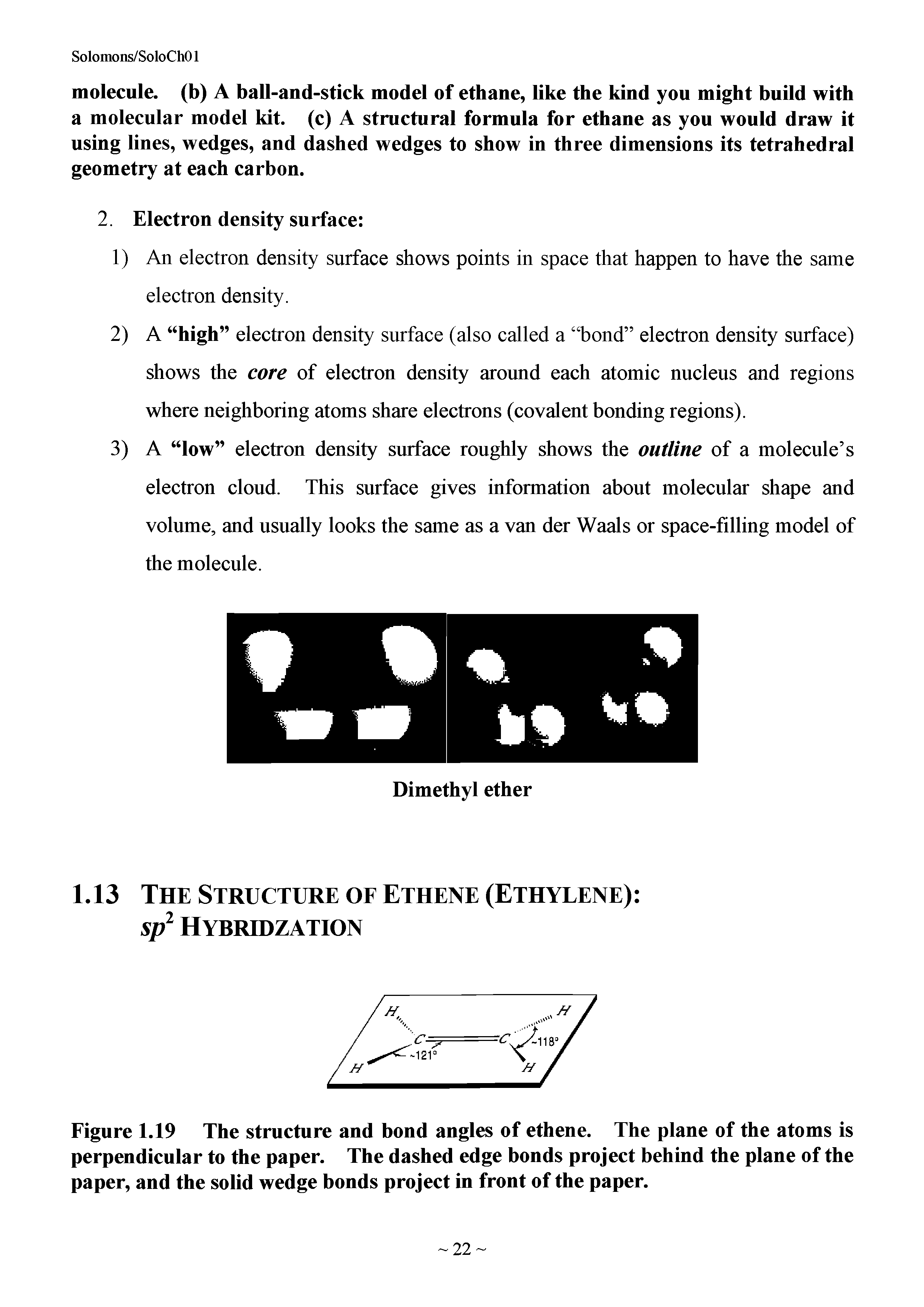 Figure 1.19 The structure and bond angles of ethene. The plane of the atoms is perpendicular to the paper. The dashed edge bonds project behind the plane of the paper, and the solid wedge bonds project in front of the paper.