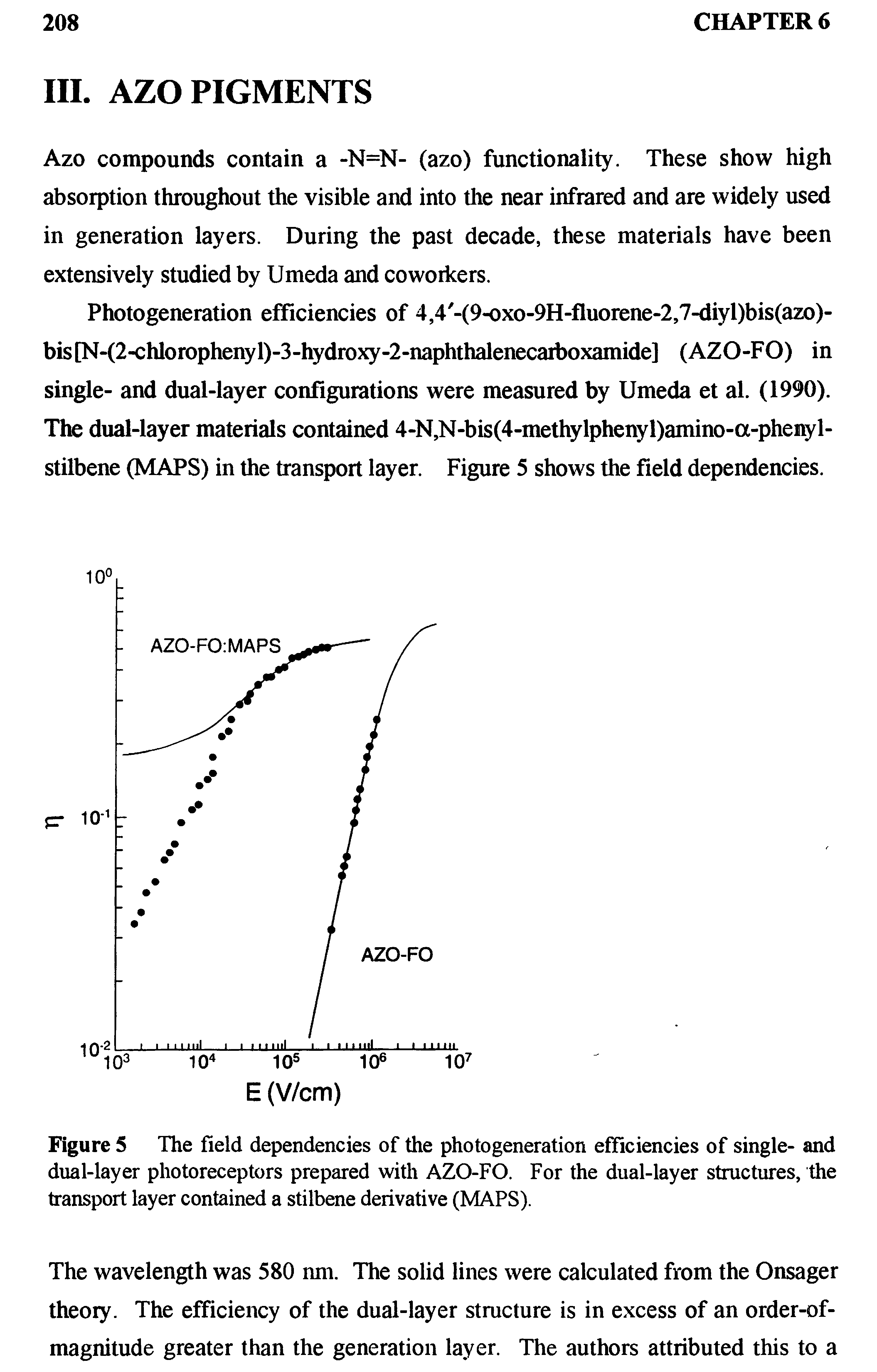 Figure 5 The field dependencies of the photogeneration efficiencies of single- and dual-layer photoreceptors prepared with AZO-FO. For the dual-layer structures, the transport layer contained a stilbene derivative (MAPS).