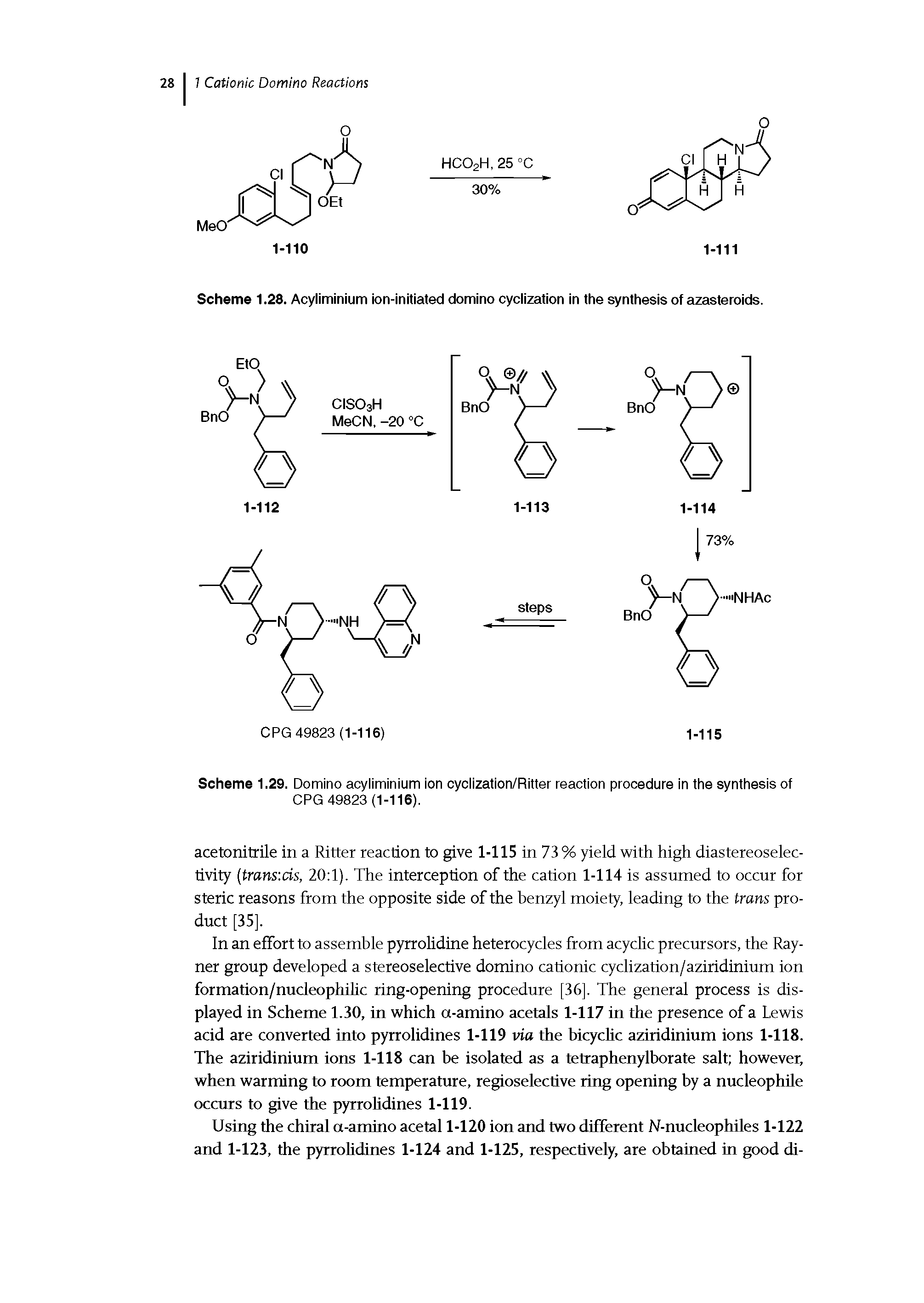Scheme 1.29. Domino acyliminium ion cyclization/Ritter reaction procedure in the synthesis of CPG 49823 (1-116).
