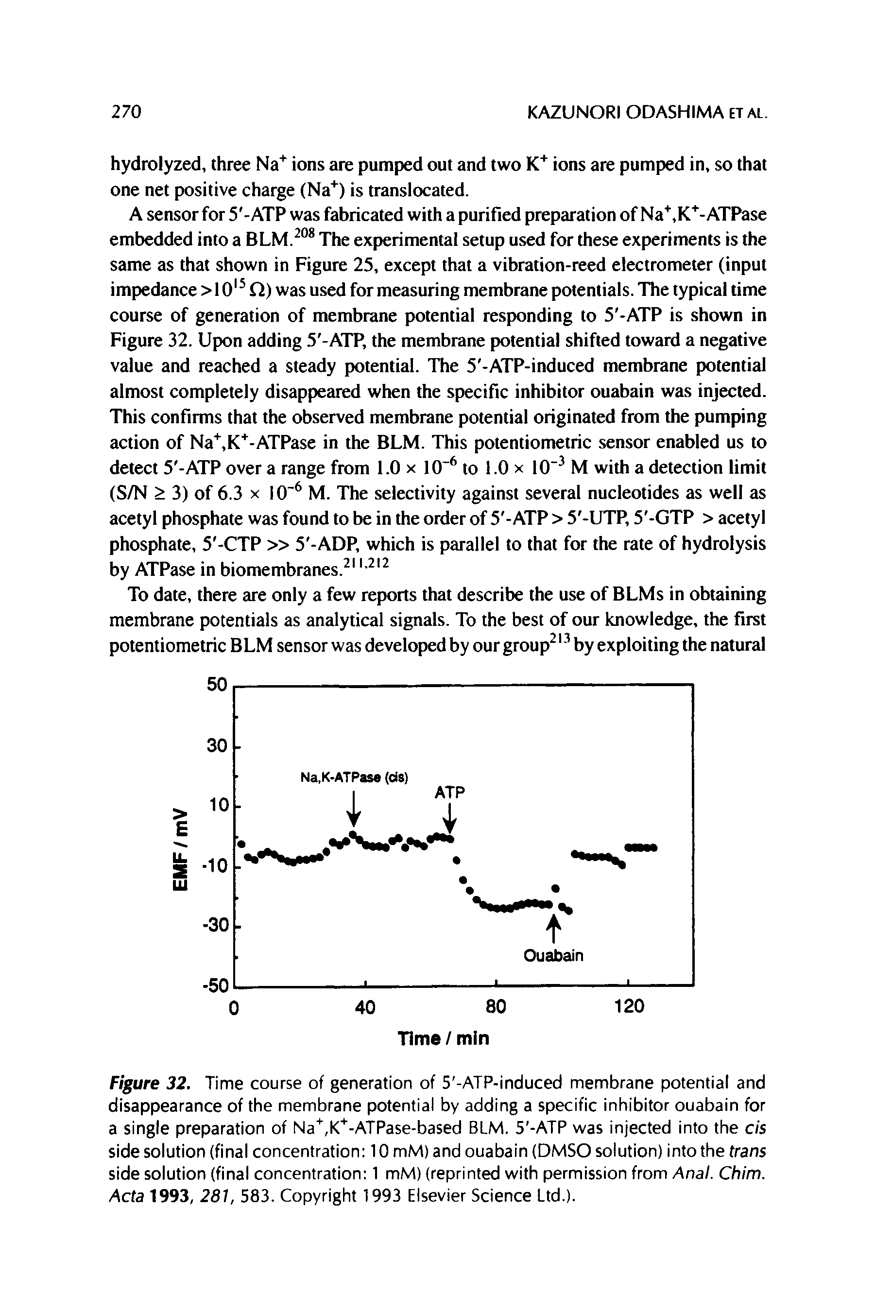 Figure 32. Time course of generation of 5 -ATP-induced membrane potential and disappearance of the membrane potential by adding a specific inhibitor ouabain for a single preparation of Na, K -ATPase-based BLM. 5 -ATP was injected into the cis side solution (final concentration 10 mM) and ouabain (DMSO solution) into the trans side solution (final concentration 1 mM) (reprinted with permission from Anal. Chim. Acta 1993, 281, 583. Copyright 1993 Elsevier Science Ltd.).