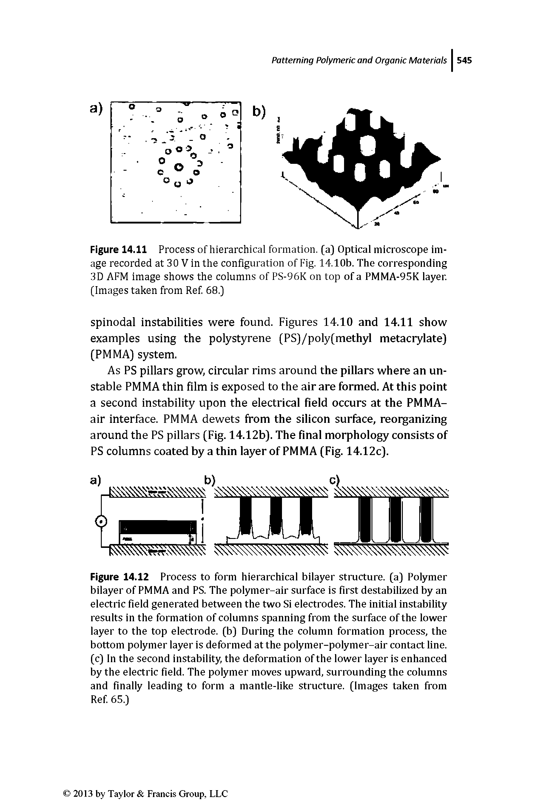 Figure 14.12 Process to form hierarchical bilayer structure, (a) Polymer bilayer of PMMA and PS. The polymer-air surface is first destabilized by an electric field generated between the two Si electrodes. The initial instability results in the formation of columns spanning from the surface of the lower layer to the top electrode, (b) During the column formation process, the bottom polymer layer is deformed at the polymer-polymer-air contact line, (c) In the second instability, the deformation of the lower layer is enhanced by the electric field. The polymer moves upward, surrounding the columns and finally leading to form a mantle-like structure. (Images taken from Ref. 65.)...