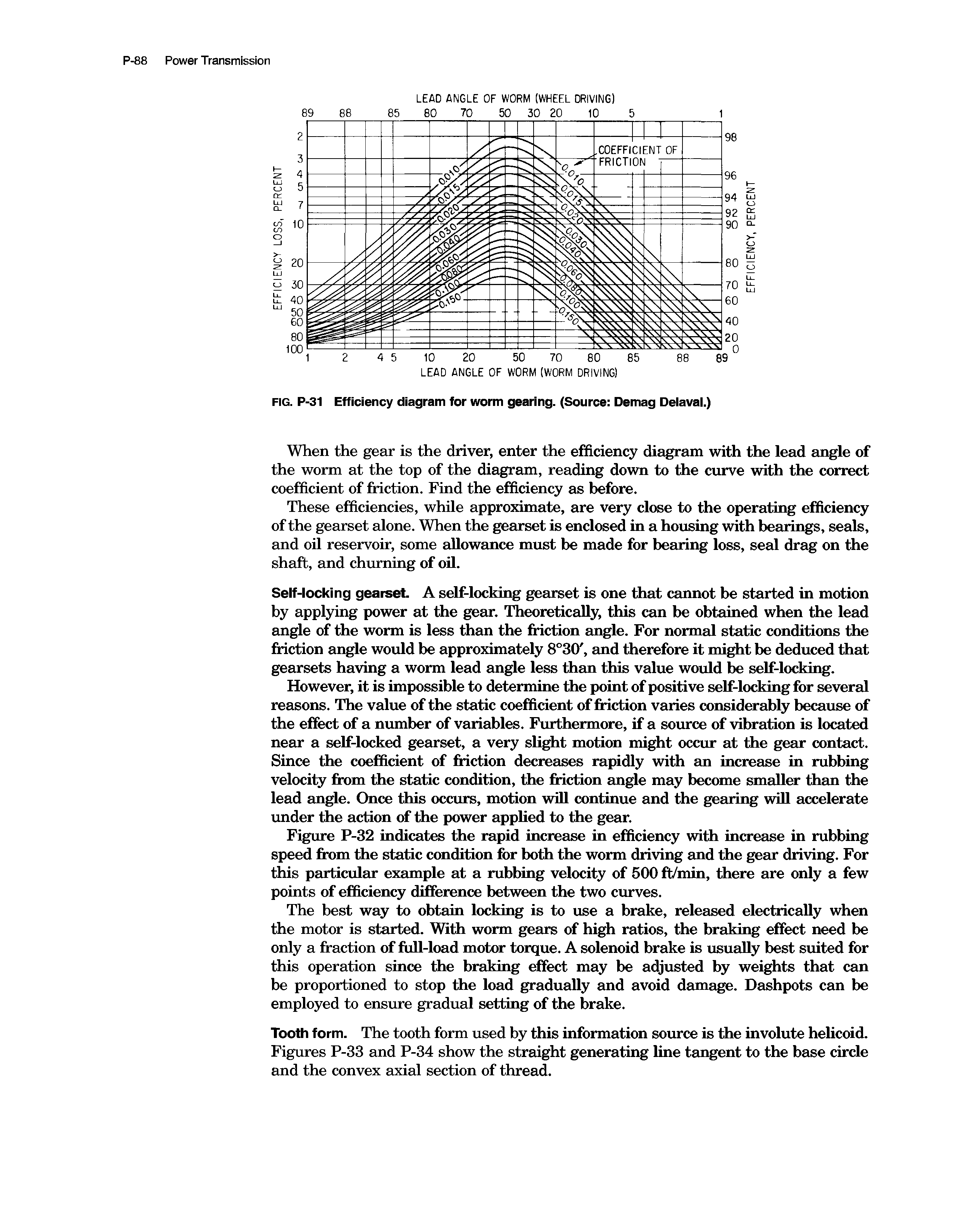 Figure P-32 indicates the rapid increase in efficiency with increase in rubbing speed from the static condition for both the worm driving and the gear driving. For this particular example at a rubbing velocity of 500 ft/min, there are only a few points of efficiency difference between the two curves.