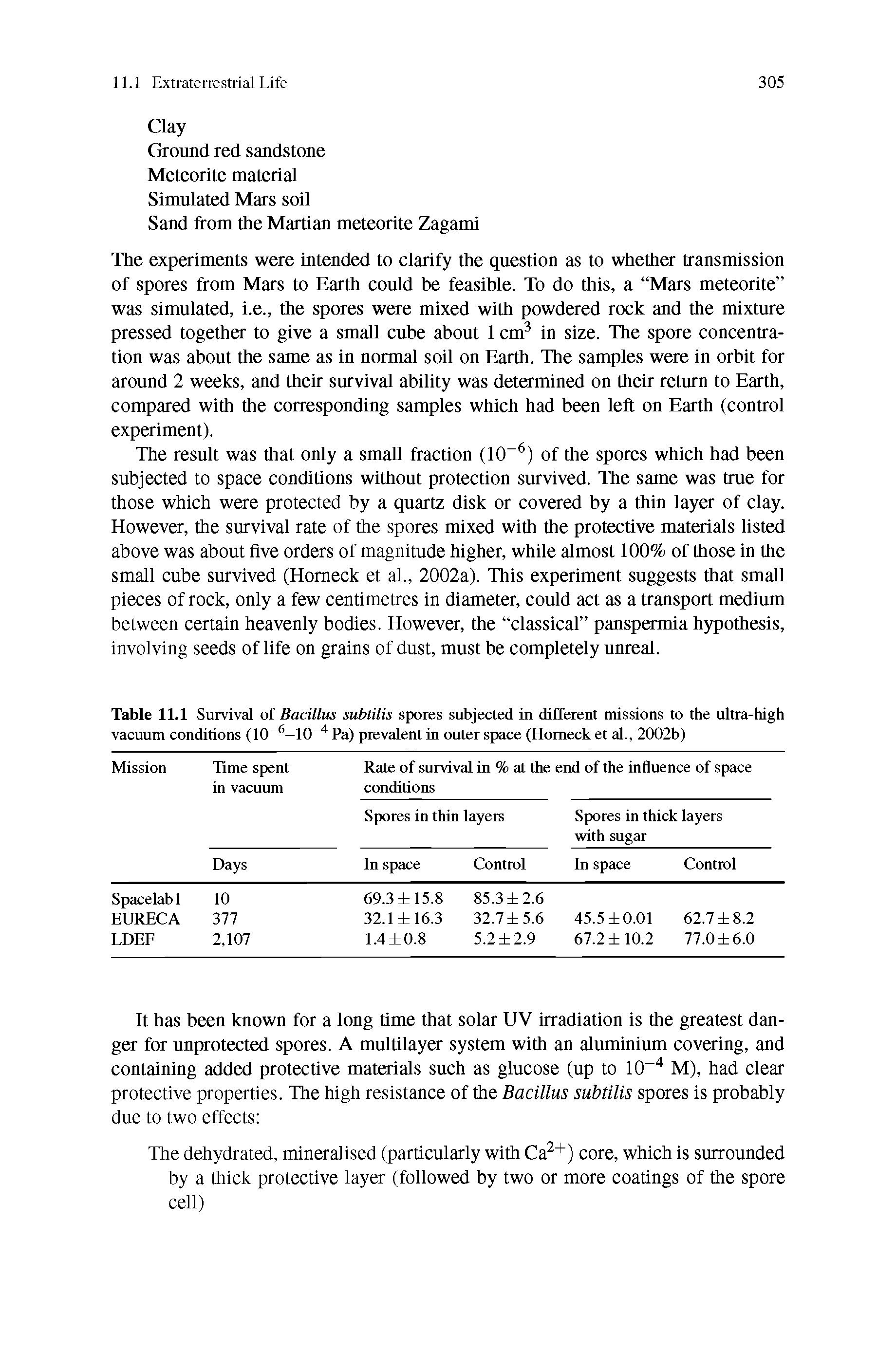 Table 11.1 Survival of Bacillus subtilis spores subjected in different missions to the ultra-high vacuum conditions (10 6—10 4 Pa) prevalent in outer space (Horneck et al., 2002b)...