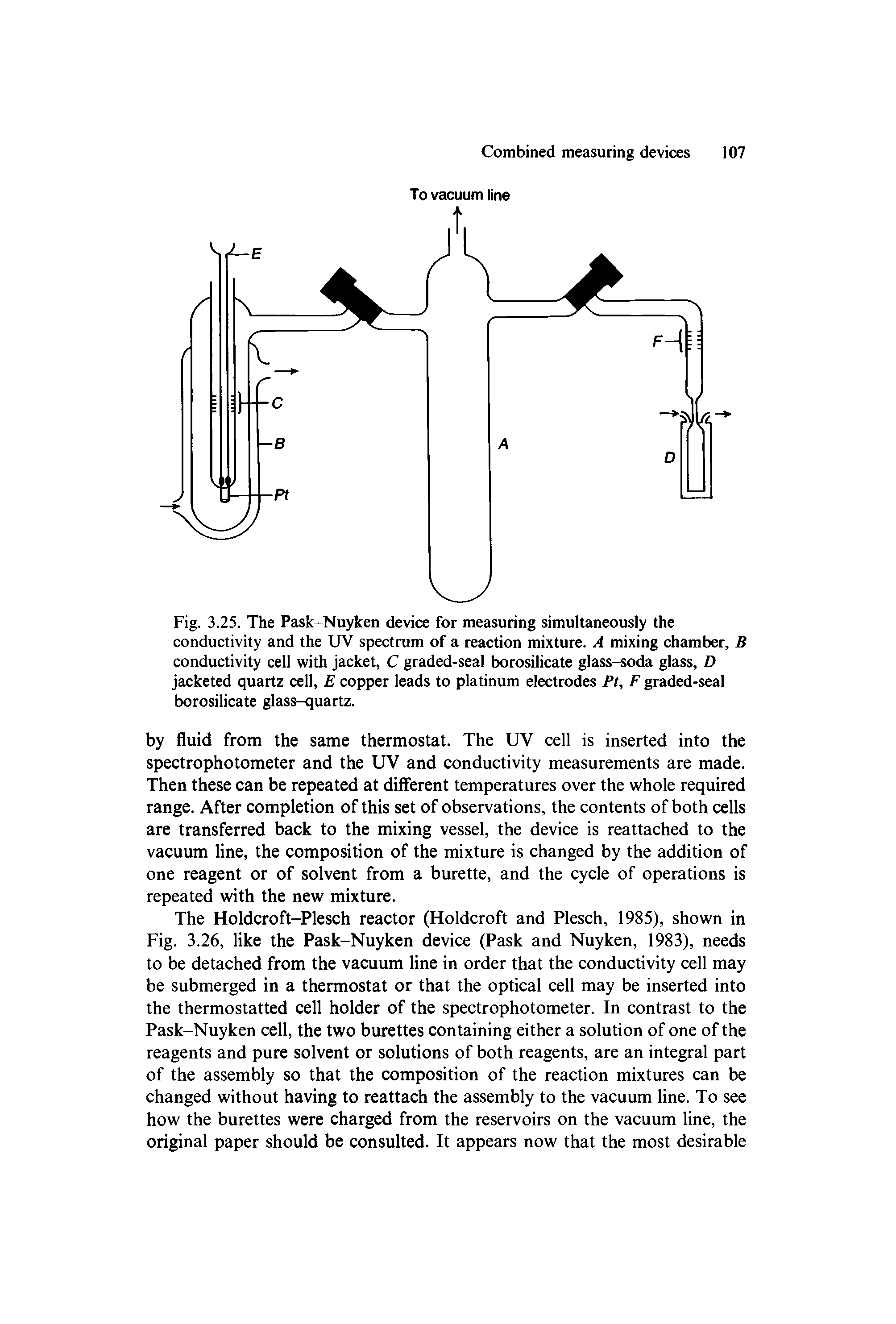 Fig. 3.25. The Pask-Nuyken device for measuring simultaneously the conductivity and the UV spectrum of a reaction mixture. A mixing chamber, B conductivity cell with jacket, C graded-seal borosilicate glass-soda glass, D jacketed quartz cell, E copper leads to platinum electrodes Pt, F graded-seal borosilicate glass-quartz.
