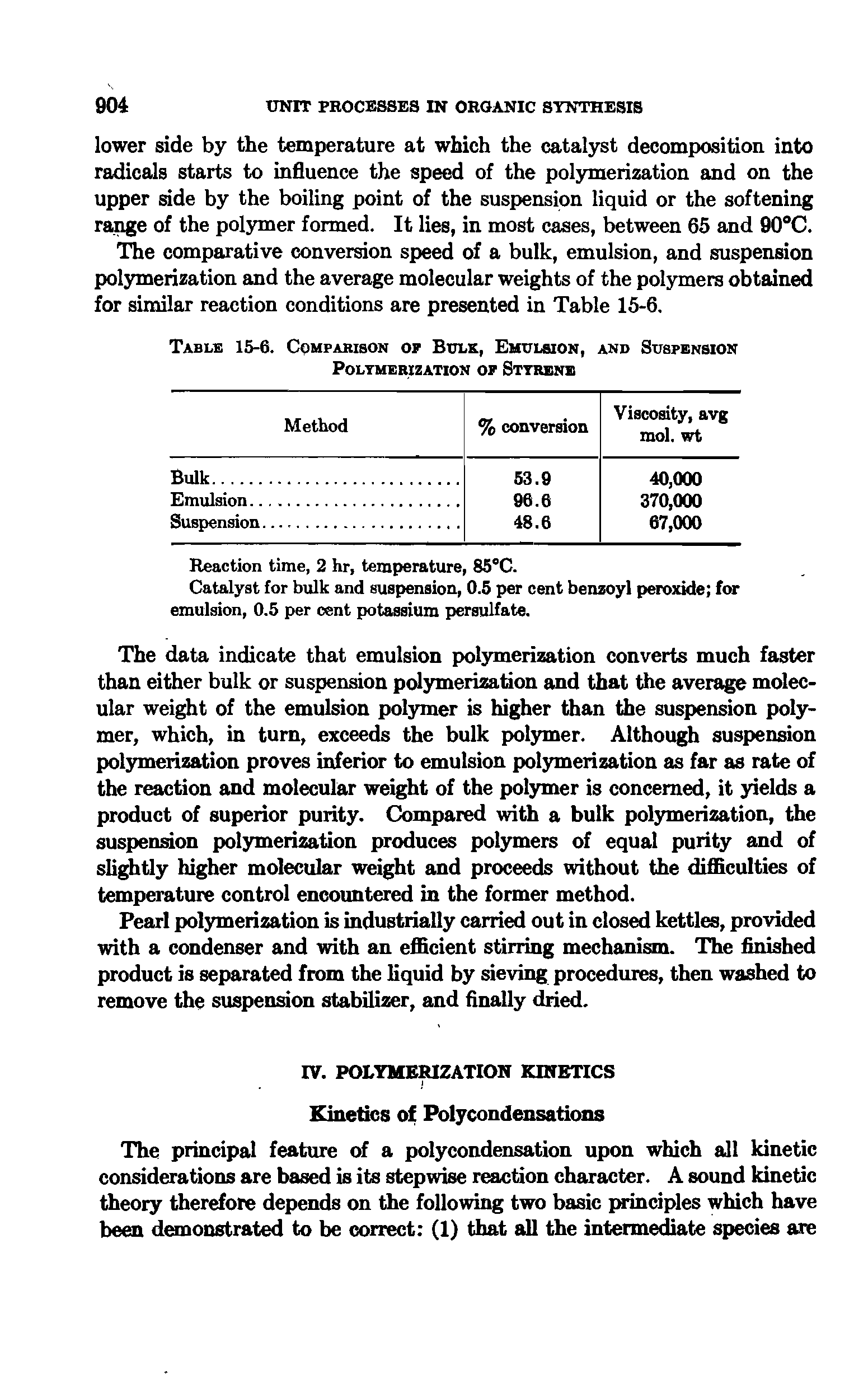 Table 15-6. Comparison of Bulk, Emulsion, and Suspension Polymerization of Styrene...