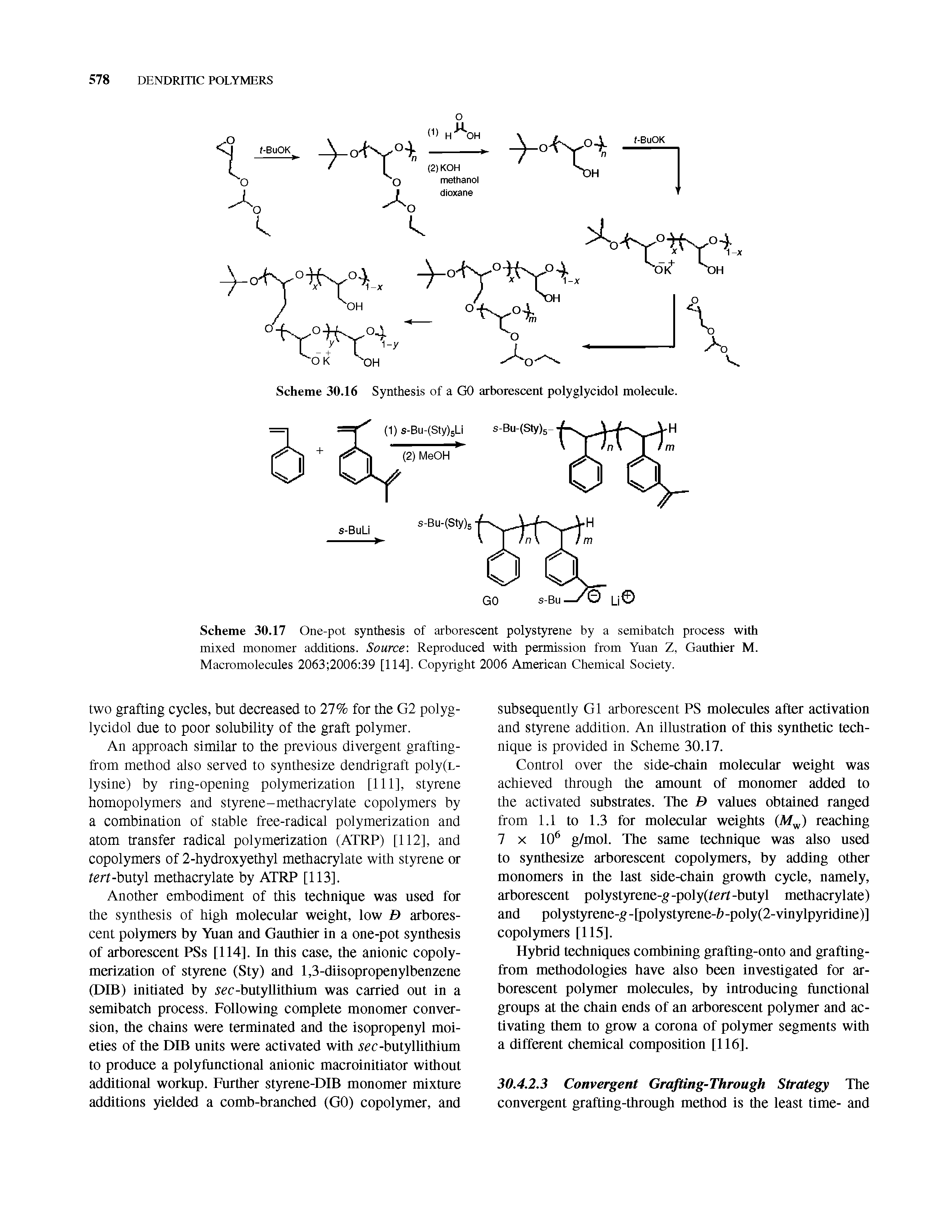 Scheme 30.17 One-pot synthesis of arborescent polystyrene by a semibatch process with mixed monomer additions. Source Reproduced with permission from Yuan Z, Gauthier M. Macromolecules 2063 2006 39 [114]. Copyright 2006 American Chemical Society.