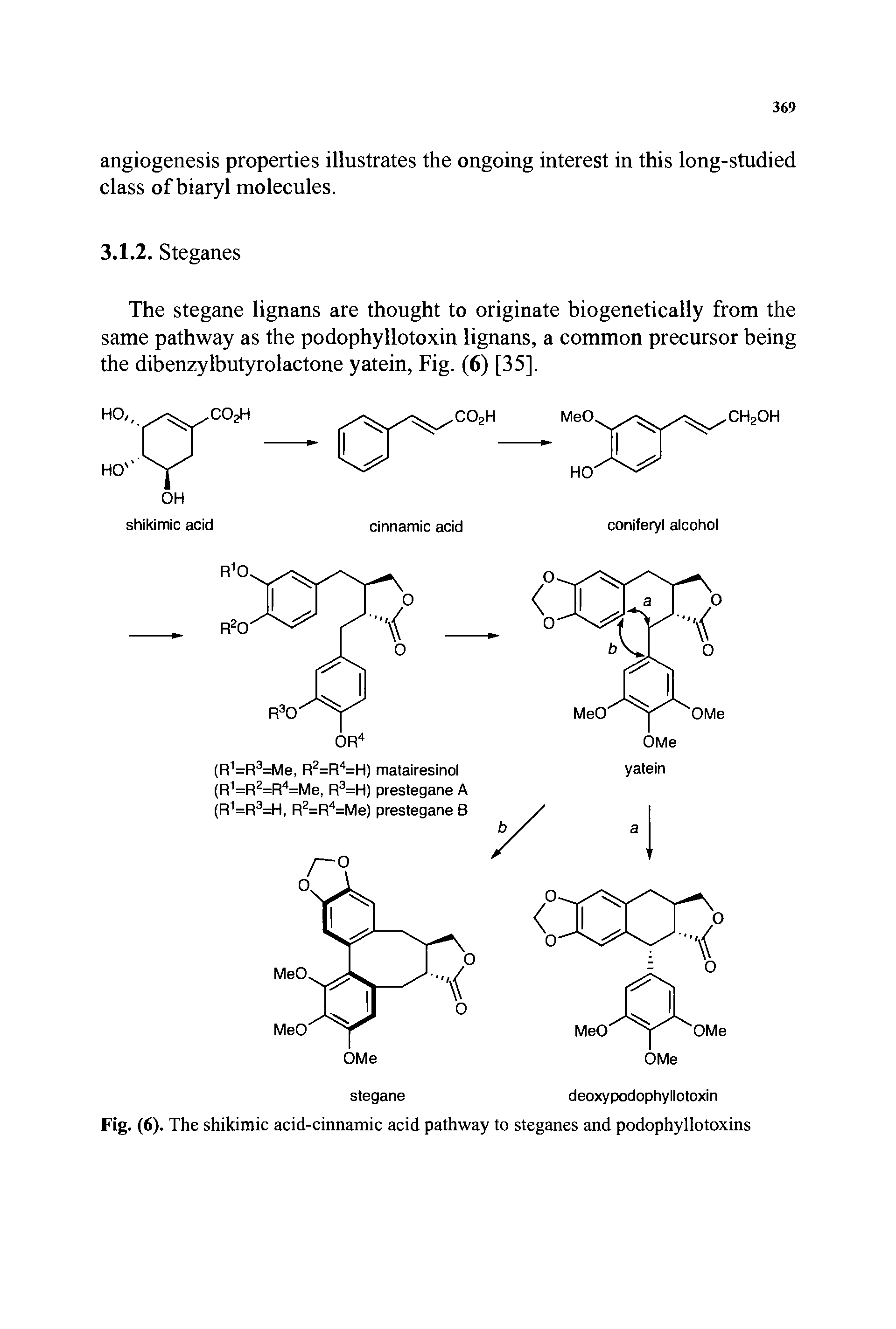 Fig. (6). The shikimic acid-cinnamic acid pathway to steganes and podophyllotoxins...