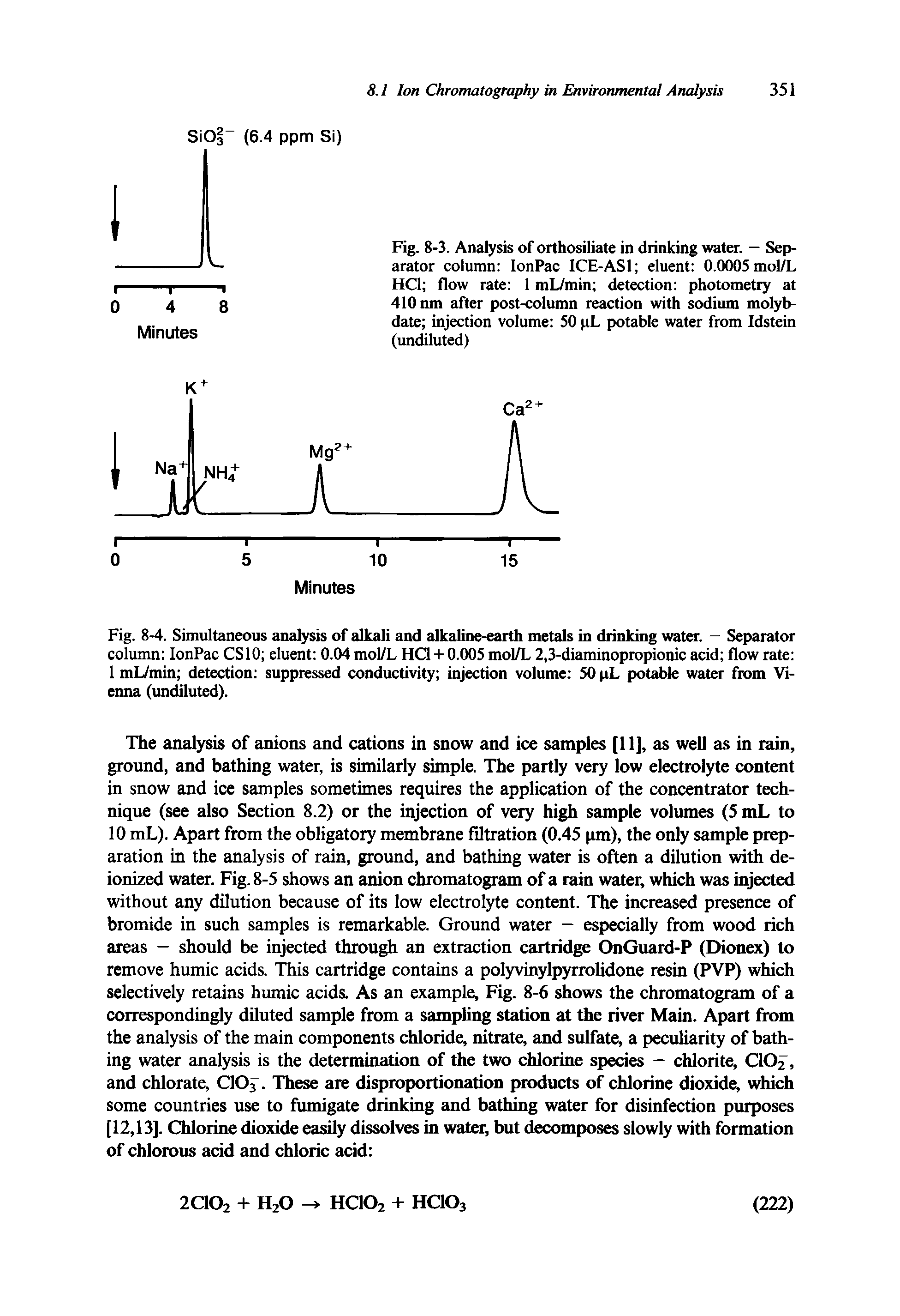 Fig. 8-4. Simultaneous analysis of alkali and alkaline-earth metals in drinking water. — Separator column IonPac CS10 eluent 0.04 mol/L HC1 + 0.005 mol/L 2,3-diaminopropionic acid flow rate 1 mL/min detection suppressed conductivity injection volume 50 pL potable water from Vienna (undiluted).