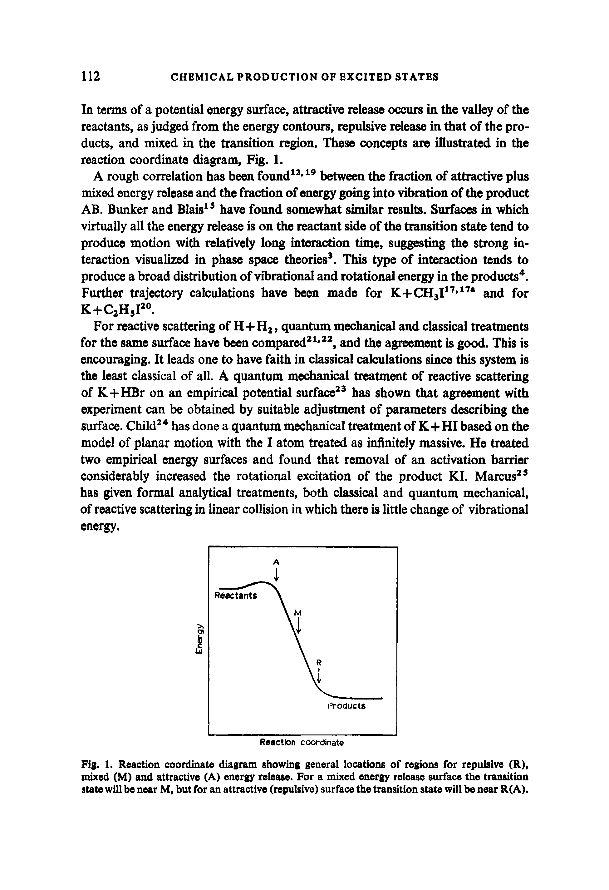 Fig. 1. Reaction coordinate diagram showing general locations of regions for repulsive (R), mixed (M) and attractive (A) energy release. For a mixed energy release surface the transition state will be near M, but for an attractive (repulsive) surface the transition state will be near R(A).