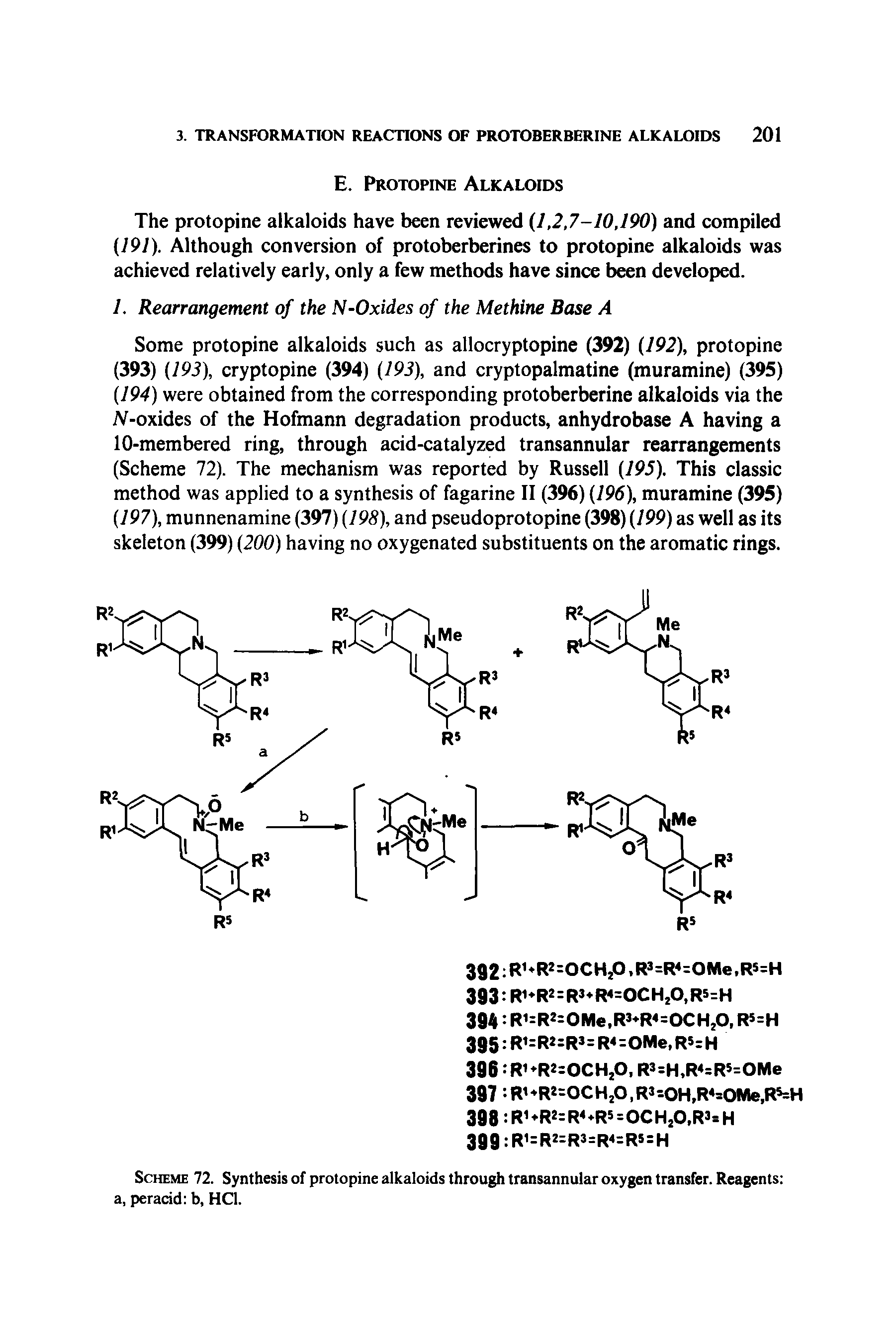 Scheme 72. Synthesis of protopine alkaloids through transannular oxygen transfer. Reagents a, peracid b, HC1.