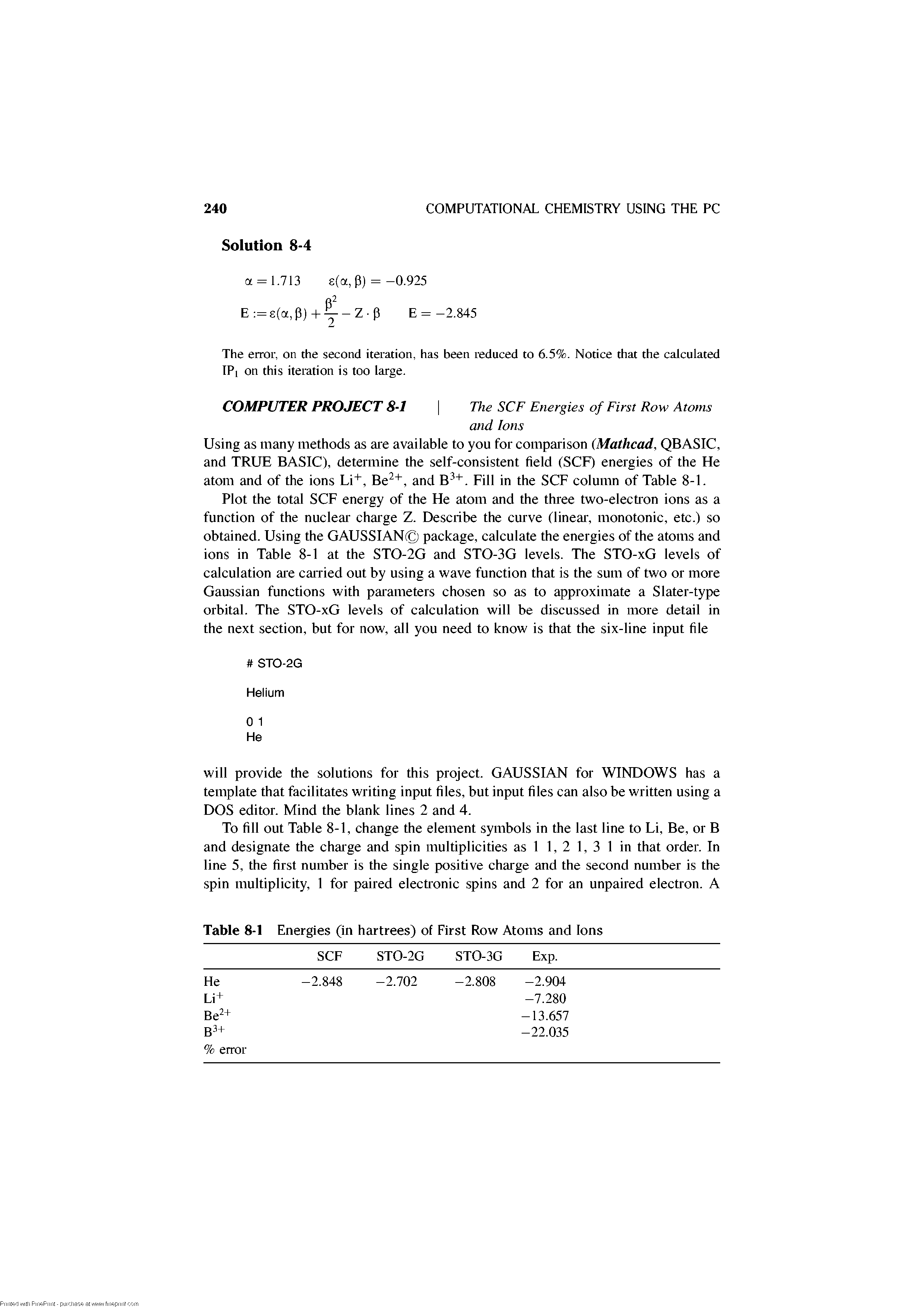 Table 8-1 Energies (in hartrees) of First Row Atoms and Ions...