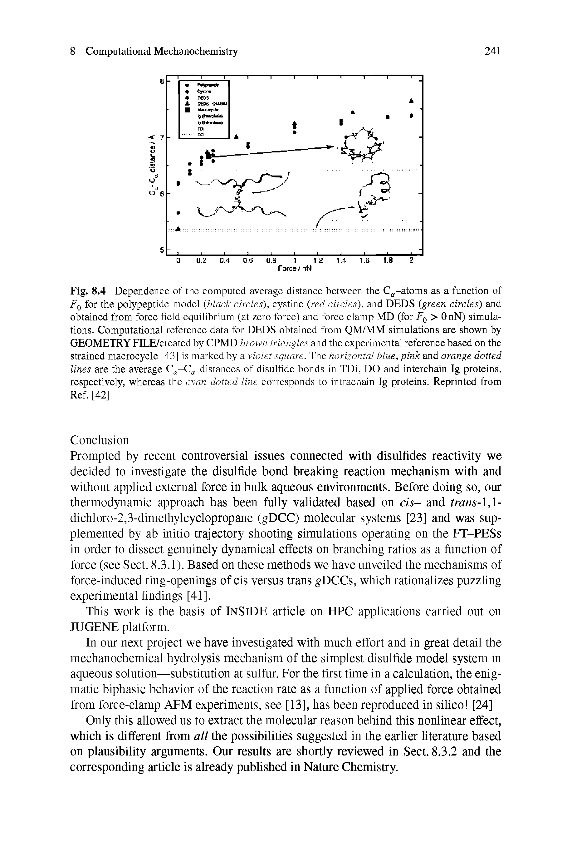 Fig. 8.4 Dependence of the computed average distance between the C -atoms as a function of Fq for the polypeptide model black circles), cystine (red circles), and DEDS (green circles) and obtained from force field equilibrium (at zero force) and force clamp MD (for Fq > OnN) simulations. Computational reference data for DEDS obtained from QM/MM simulations are shown by GEOMETRY FILE/created by CPMD brown triangles and the experimental reference based on the strained macrocycle [43] is marked by a violet square. The horizontal blue, pink and orange dotted lines are the average C -C distances of disulfide bonds in TDi, DO and interchain Ig proteins, respectively, whereas the cyan dotted line corresponds to intrachain Ig proteins. Reprinted from Ref. [42]...