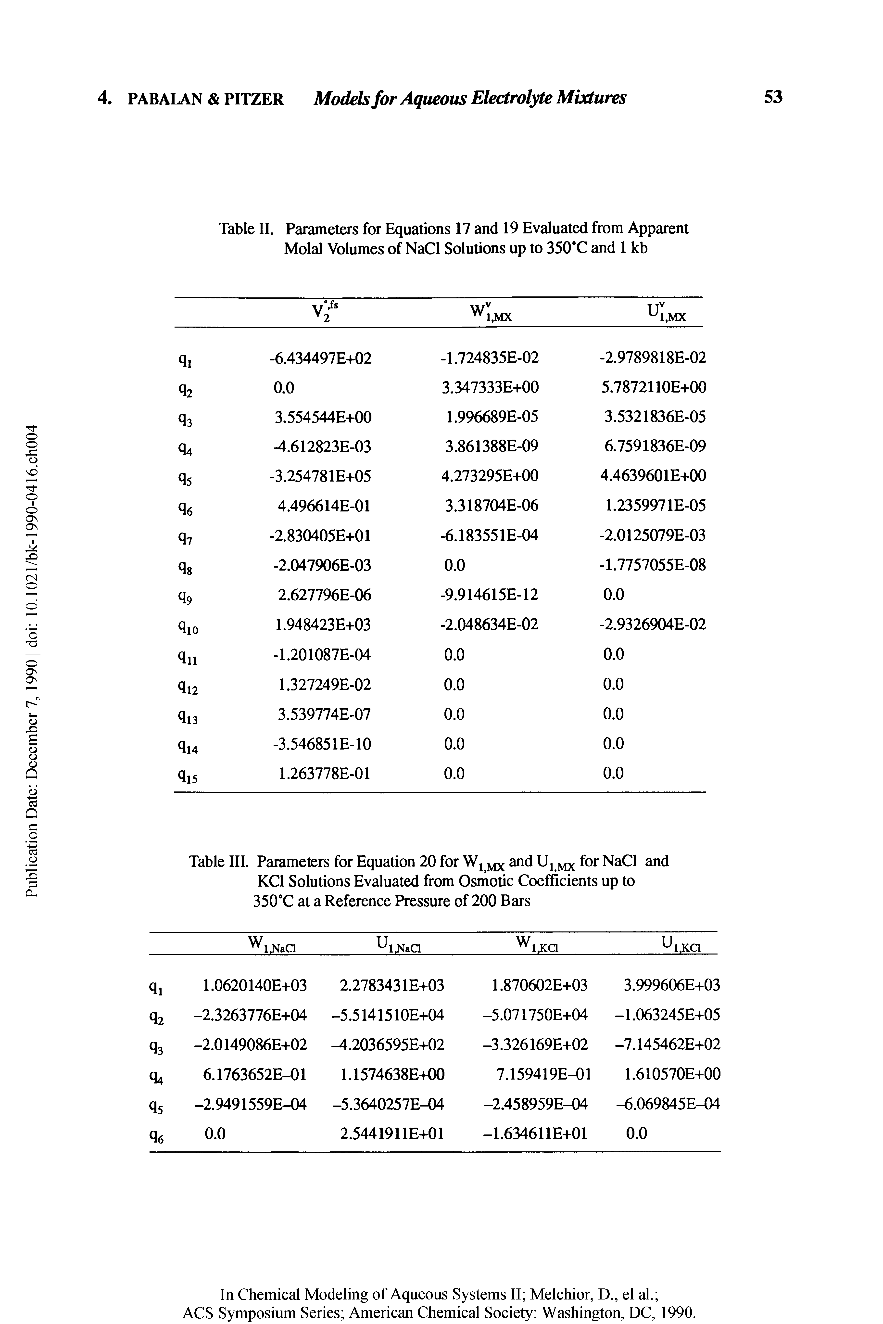 Table III. Parameters for Equation 20 for Wj and Uj for NaCl and KCl Solutions Evaluated from Osmotic Coefficients up to 350 C at a Reference Pressure of 200 Bars...