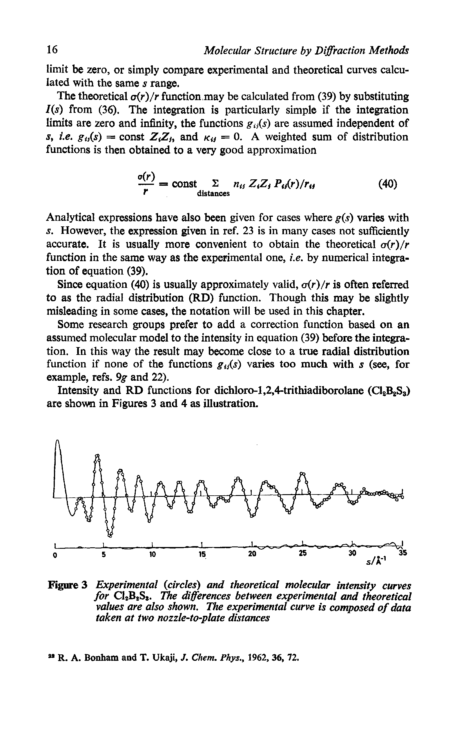 Figure 3 Experimental circles) and theoretical molecular intensity curves for C33tSt. The differences between experimental and theoretical values are also shown. The experimental curve is composed of data taken at two nozzle-to-plate distances...