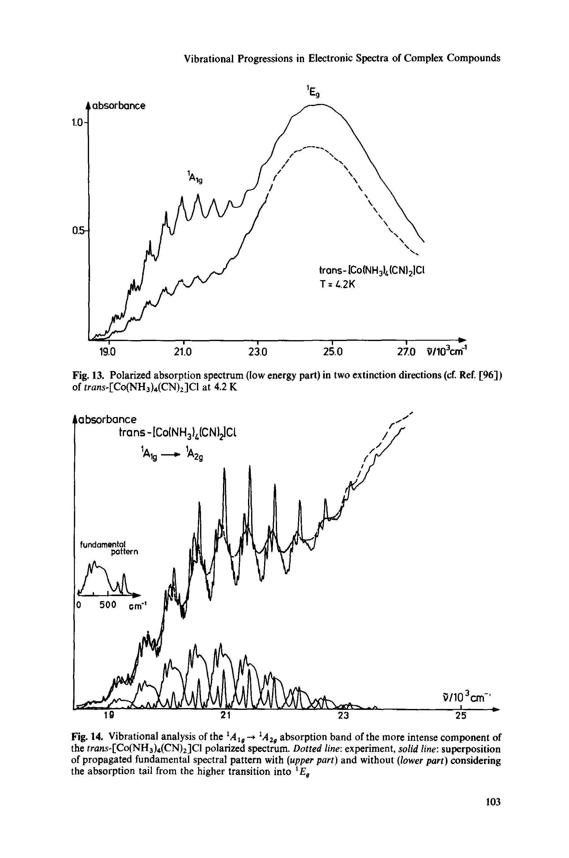 Fig. 14. Vibrational analysis of the lAlg - iAlg absorption band of the more intense component of the trans-[Co(NH3)4(CN)2]Cl polarized spectrum. Dotted line experiment, solid line superposition of propagated fundamental spectral pattern with (upper part) and without (lower part) considering the absorption tail from the higher transition into lEg...