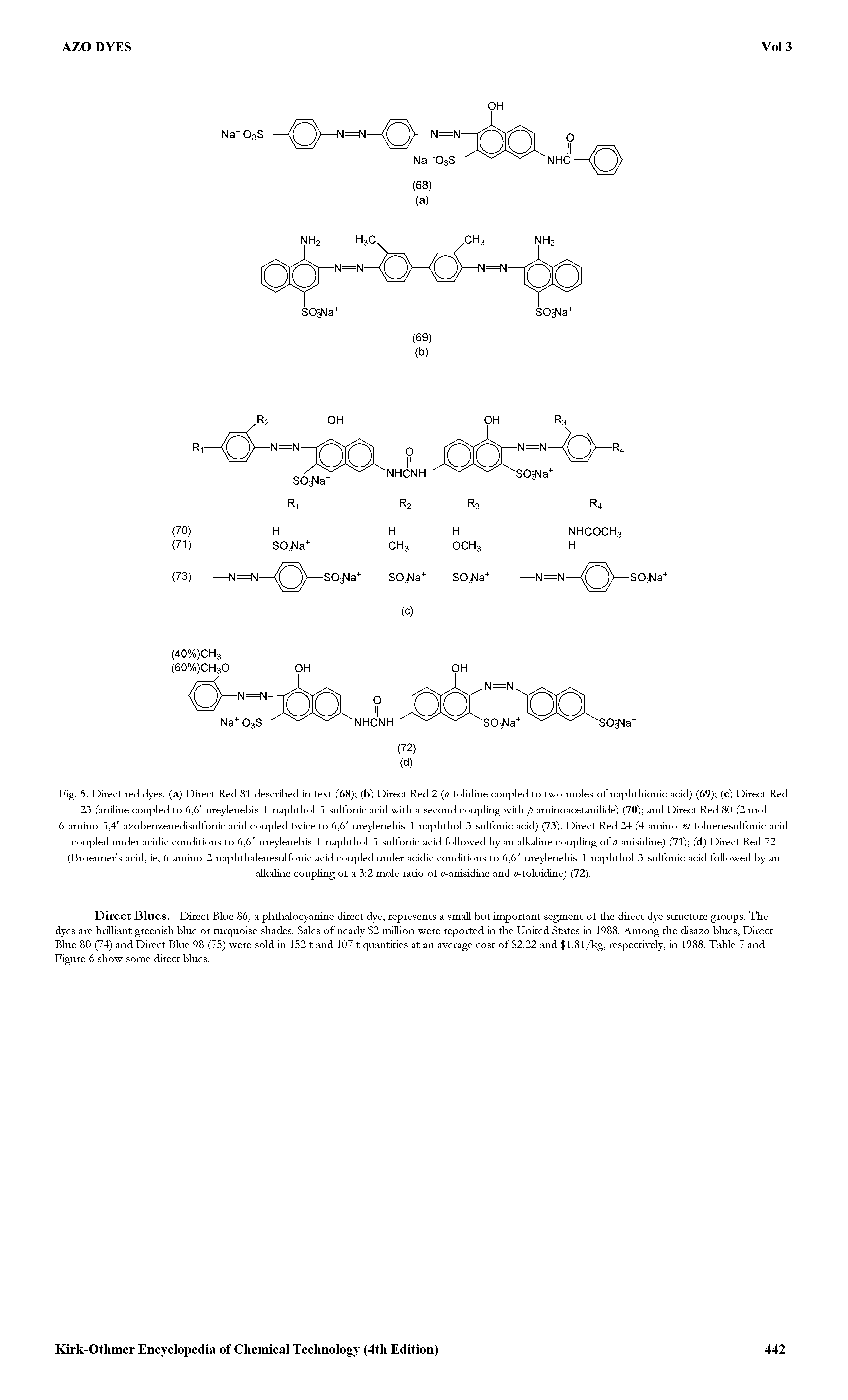 Fig. 5. Direct red dyes, (a) Direct Red 81 described ia text (68) (b) Direct Red 2 (o-toLidiae coupled to two moles of naphthionic acid) (69) (c) Direct Red 23 (aniline coupled to 6,6 -ureylenebis-l-naplitliol-3-sulfonic acid with a second coupling with j aminoacetanilide) (70) and Direct Red 80 (2 mol 6-amino-3,4 -azobenzenedisulfonic acid coupled twice to 6,6 -ureylenebis-l-naphthol-3-sulfonic acid) (73). Direct Red 24 (4-aniino-y -toluenesulfonic acid coupled under acidic conditions to 6,6 -ureylenebis-l-naphthol-3-sulfonic acid followed by an alkaline coupling of o-anisidine) (71) (d) Direct Red 72 (Broenner s acid, ie, 6-artiino-2-naphthalenesulfonic acid coupled under acidic conditions to 6,6 -ureylenebis-l-naphthol-3-sulfonic acid followed by an...