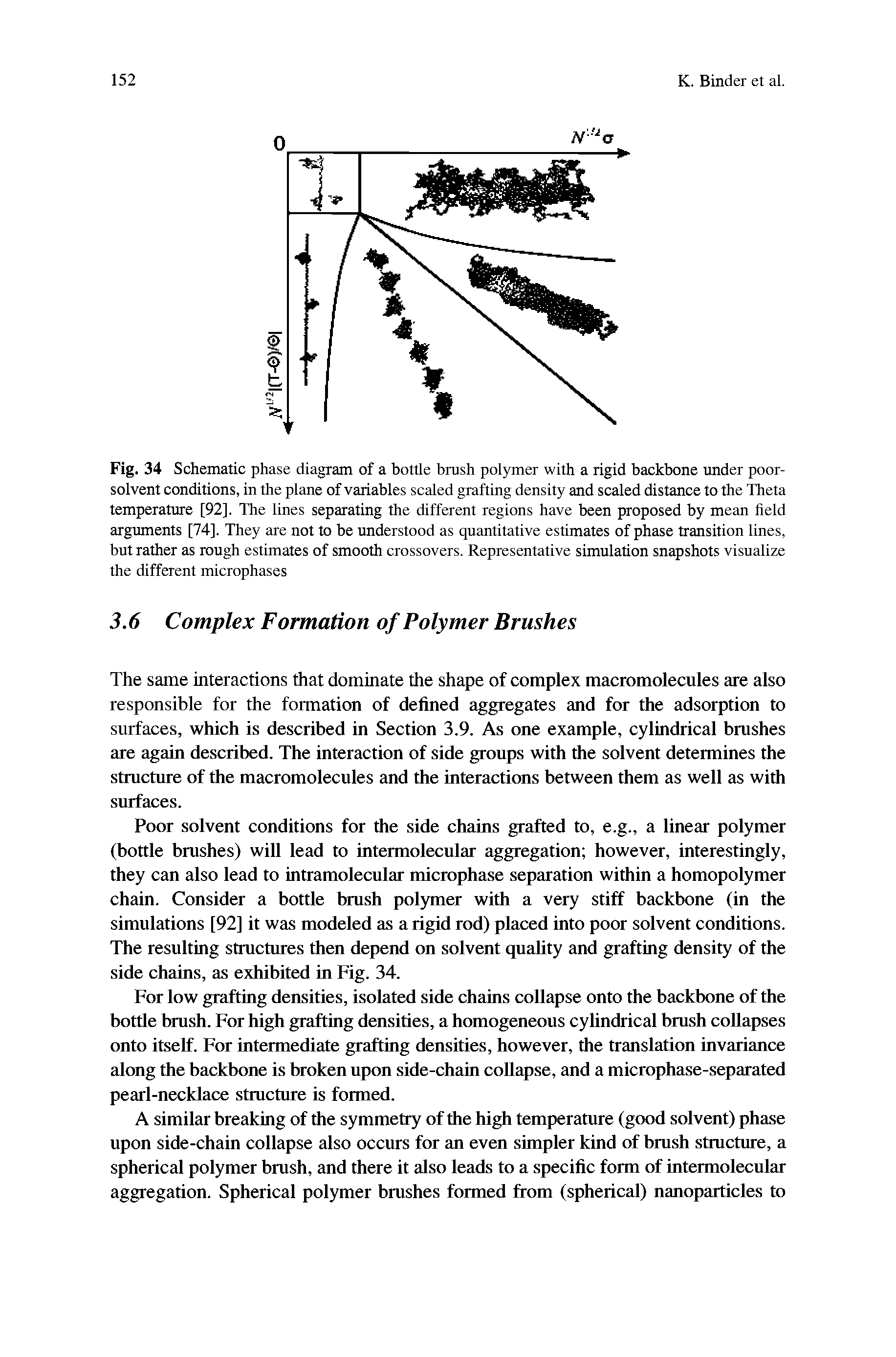 Fig. 34 Schematic phase diagram of a bottle brush polymer with a rigid backbone under poor-solvent conditions, in the plane of variables scaled grafting density and scaled distance to the Theta temperature [92], The lines separating the different regions have been proposed by mean field arguments [74], They are not to be understood as quantitative estimates of phase transition lines, but rather as rough estimates of smooth crossovers. Representative simulation snapshots visualize the different microphases...