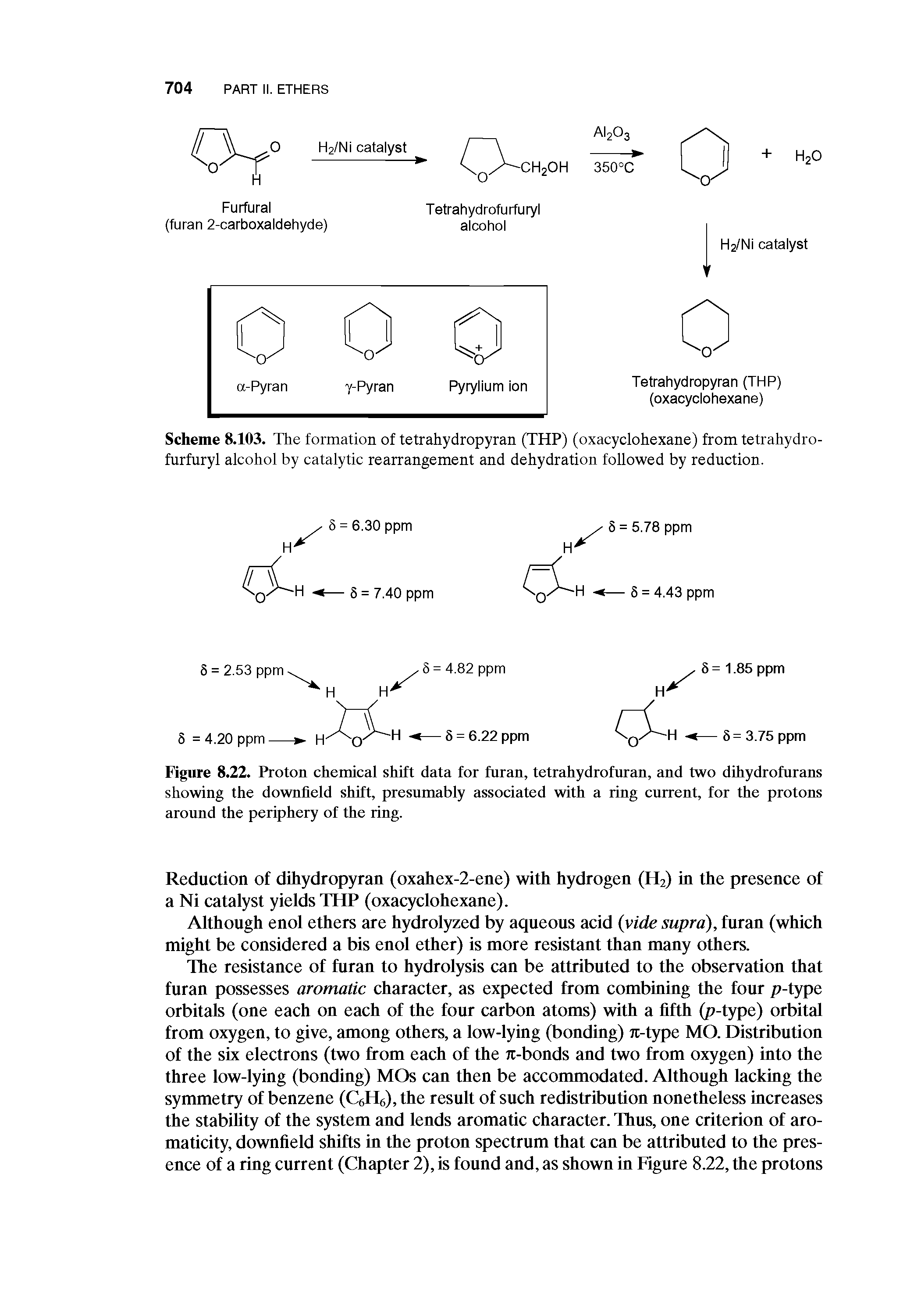 Figure 8.22. Proton chemical shift data for furan, tetrahydrofuran, and two dihydrofurans showing the downfield shift, presnmably associated with a ring current, for the protons aronnd the periphery of the ring.
