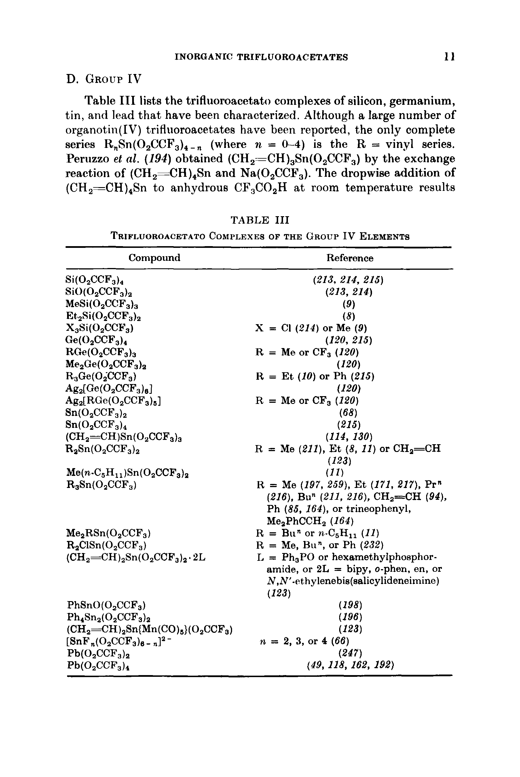 Table III lists the trifluoroacetato complexes of silicon, germanium, tin, and lead that have been characterized. Although a large number of organotin(IV) trifluoroacetates have been reported, the only complete series R Sn(02CCF3)4 (where n = 0-4) is the R = vinyl series. Peruzzo et al. (194) obtained (CH2=CH)3Sn(02CCF3) by the exchange reaction of (CH2=CH)4Sn and Na(02CCF3). The dropwise addition of (CH2=CH)4Sn to anhydrous CFgCOgH at room temperature results...