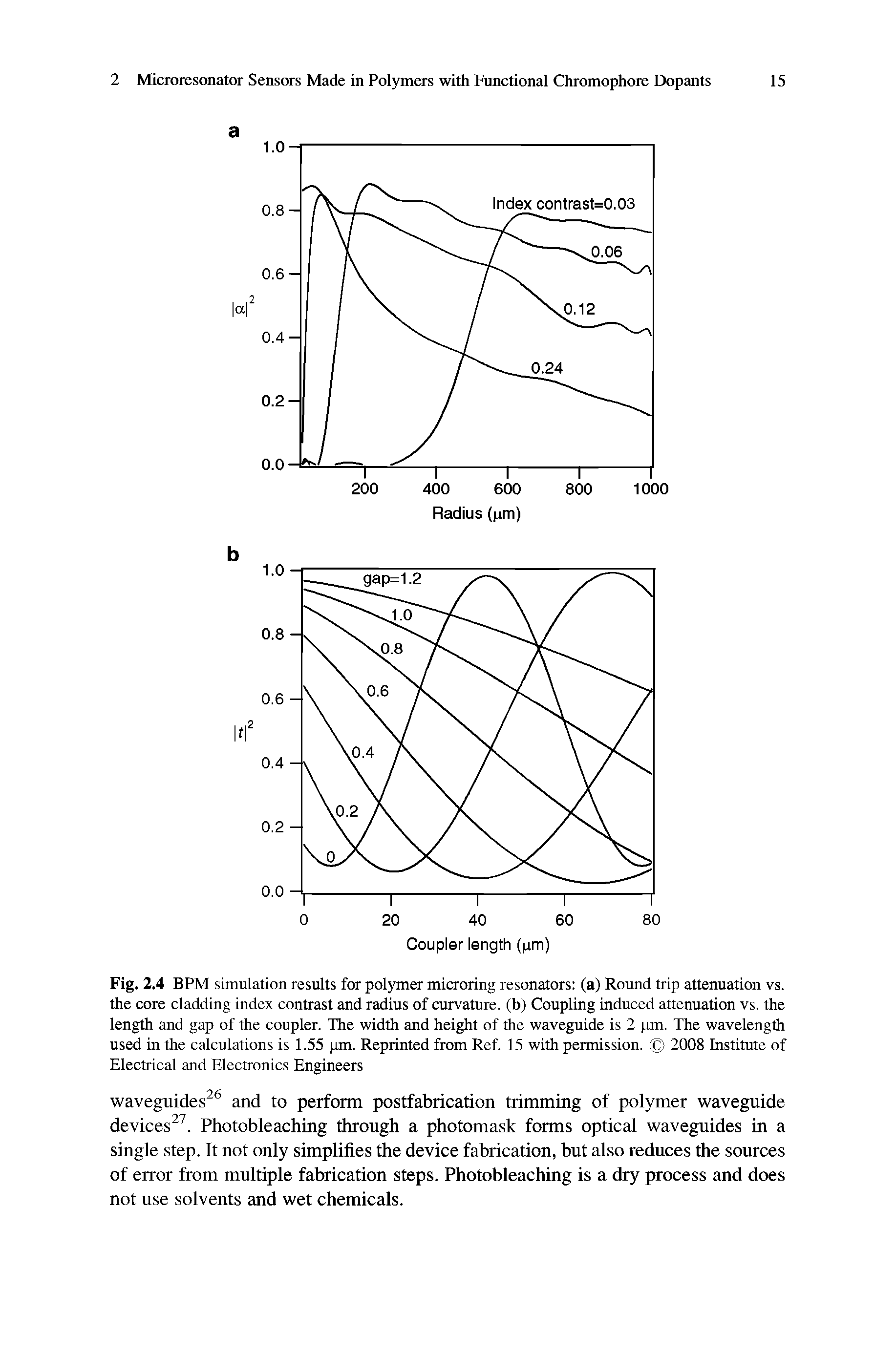 Fig. 2.4 BPM simulation results for polymer microring resonators (a) Round trip attenuation vs. the core cladding index contrast and radius of curvature, (b) Coupling induced attenuation vs. the length and gap of the coupler. The width and height of the waveguide is 2 pm. The wavelength used in the calculations is 1.55 pm. Reprinted from Ref. 15 with permission. 2008 Institute of Electrical and Electronics Engineers...