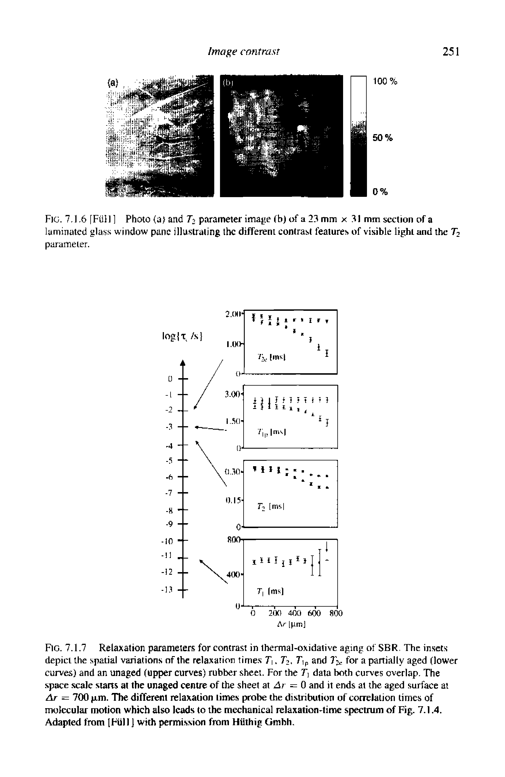 Fig. 7,1,6 [Fii l ] Photo (a) and 7 parameter image (b) of a 23 mm x 31 mm section of a laminated glass window pane illustrating the different contrast features of visible light and the T2...