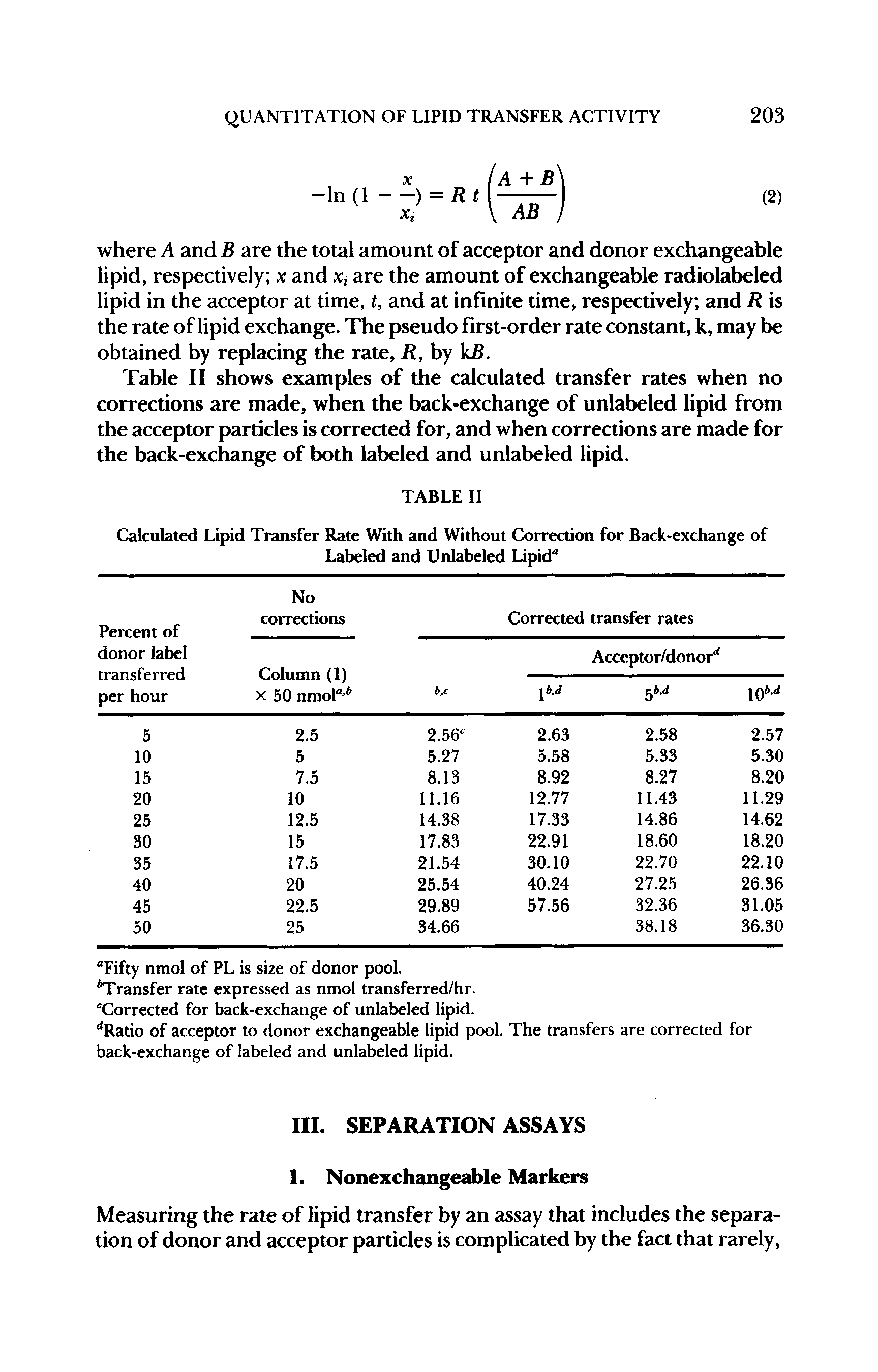 Table II shows examples of the calculated transfer rates when no corrections are made, when the back-exchange of unlabeled lipid from the acceptor particles is corrected for, and when corrections are made for the back-exchange of both labeled and unlabeled lipid.