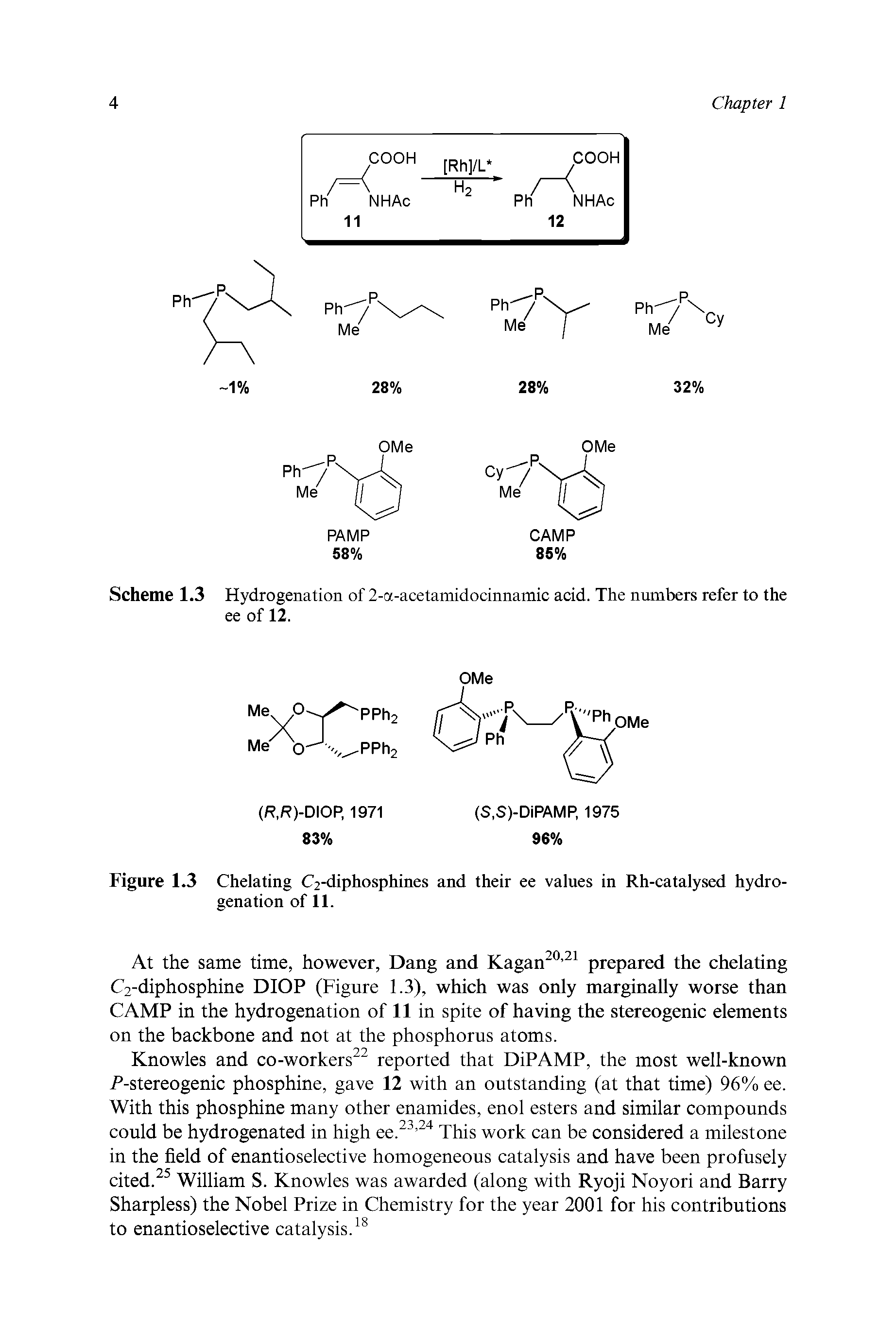 Figure 1.3 Chelating C2-diphosphines and their ee values in Rh-catalysed hydrogenation of 11.