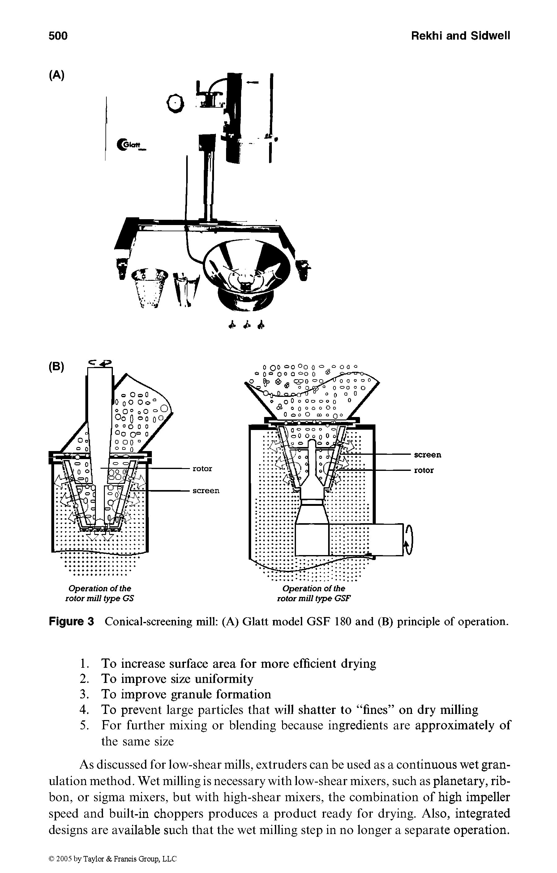 Figure 3 Conical-screening mill (A) Glatt model GSF 180 and (B) principle of operation.