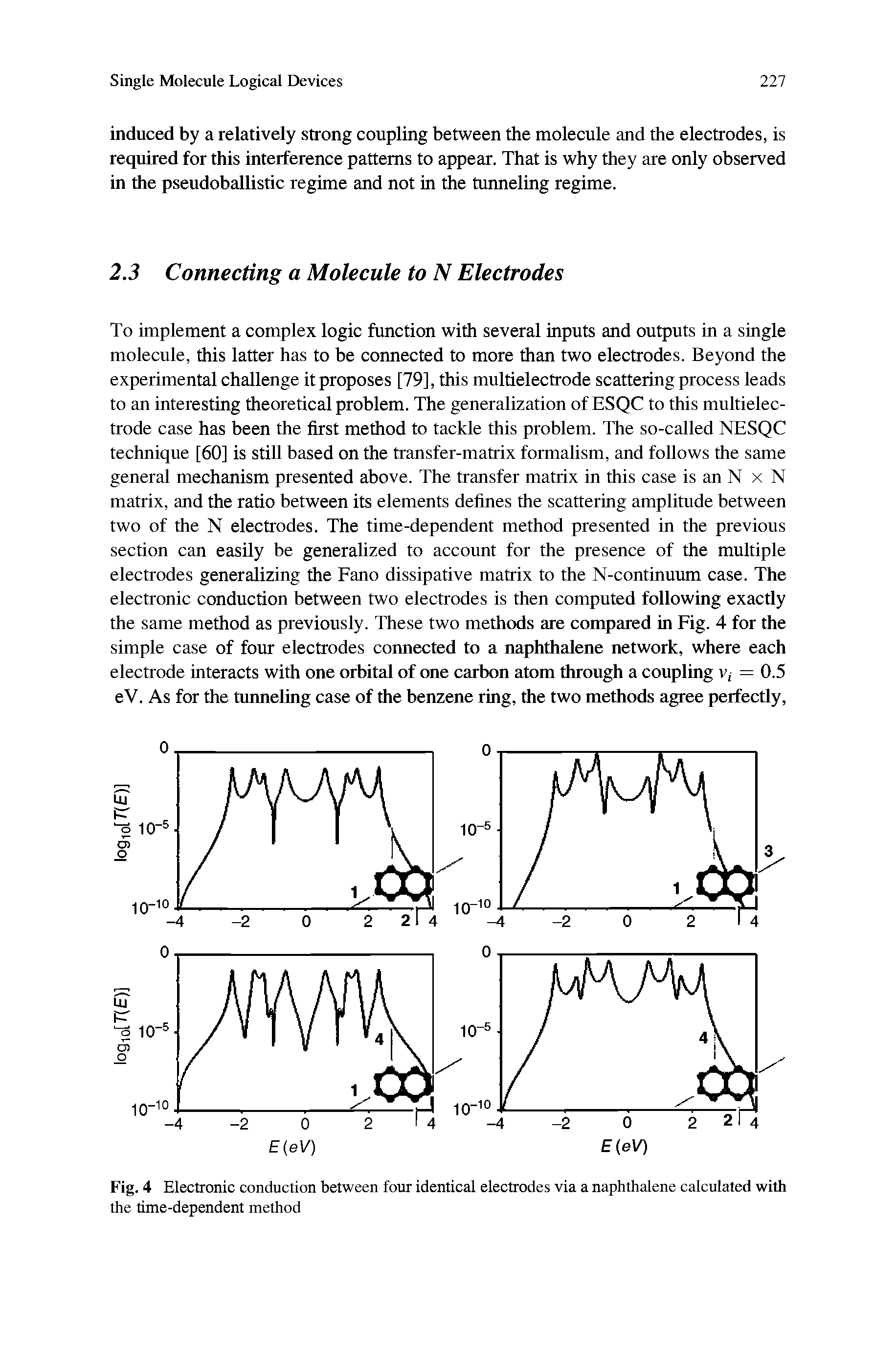 Fig. 4 Electronic conduction between four identical electrodes via a naphthalene calculated with the time-dependent method...