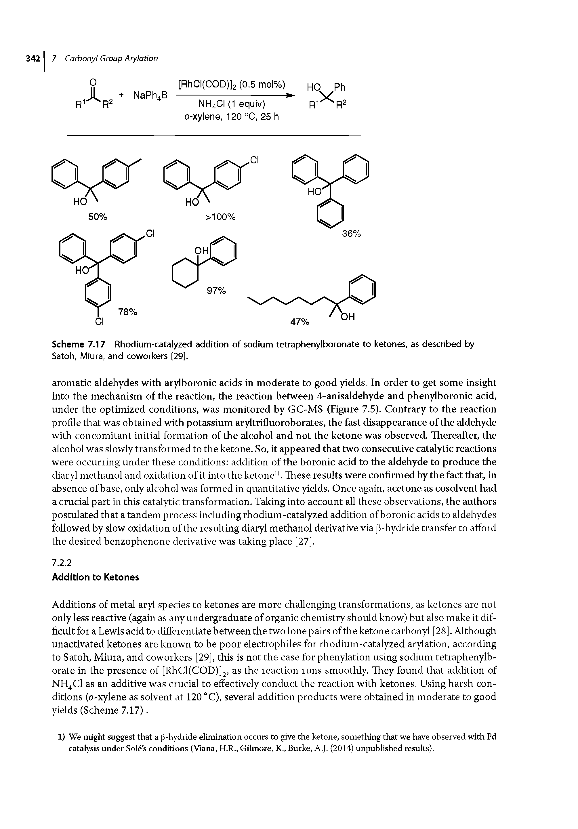 Scheme 7.17 Rhodium-catalyzed addition of sodium tetraphenylboronate to ketones, as described by Satoh, Miura, and coworkers [29],...
