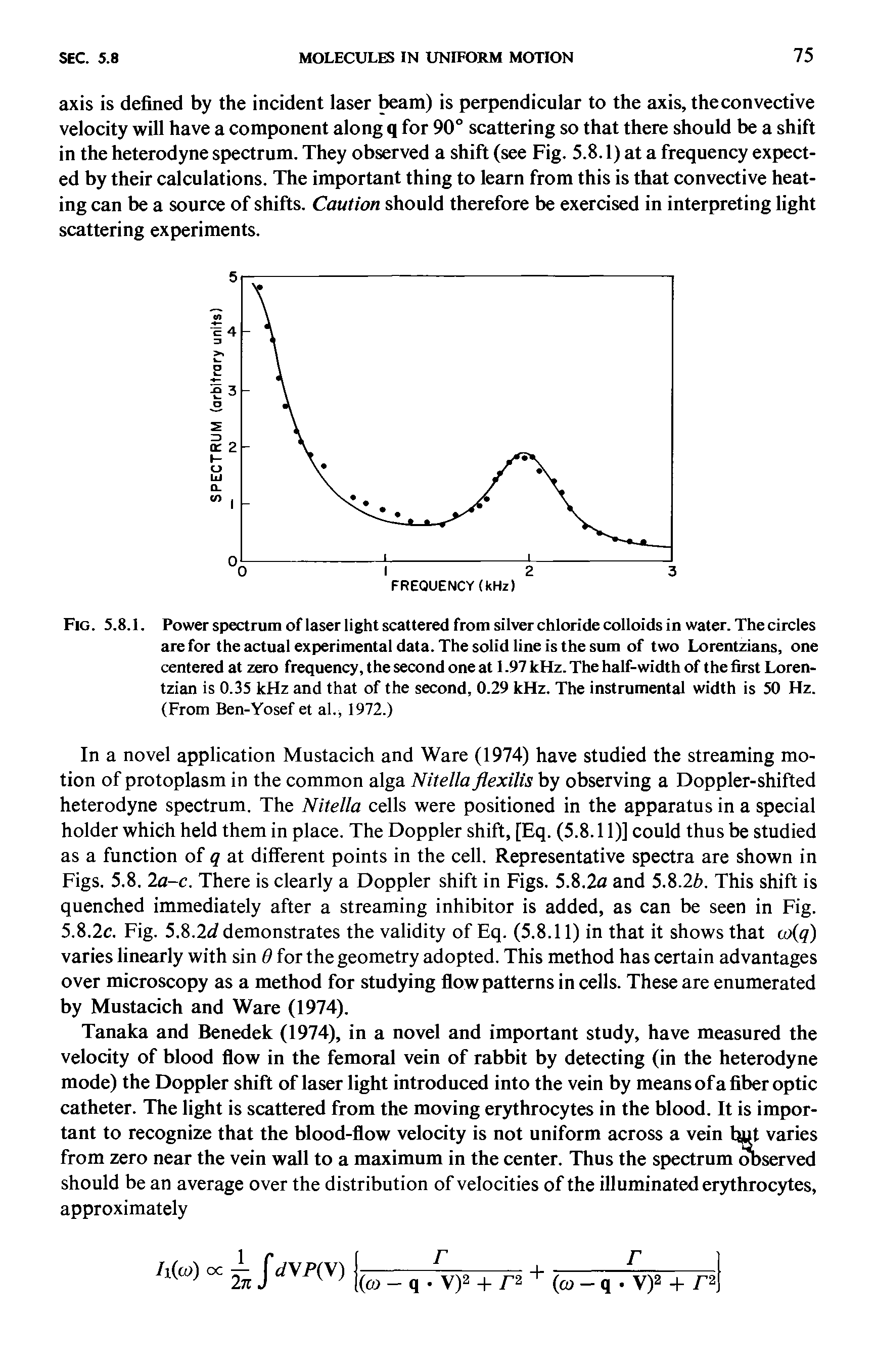 Fig. 5.8.1. Power spectrum of laser light scattered from silver chloride colloids in water. The circles are for the actual experimental data. The solid line is the sum of two Lorentzians, one centered at zero frequency, the second one at 1.97 kHz. The half-width of the first Loren-tzian is 0.35 kHz and that of the second, 0.29 kHz. The instrumental width is 50 Hz. (From Ben-Yosef et al., 1972.)...