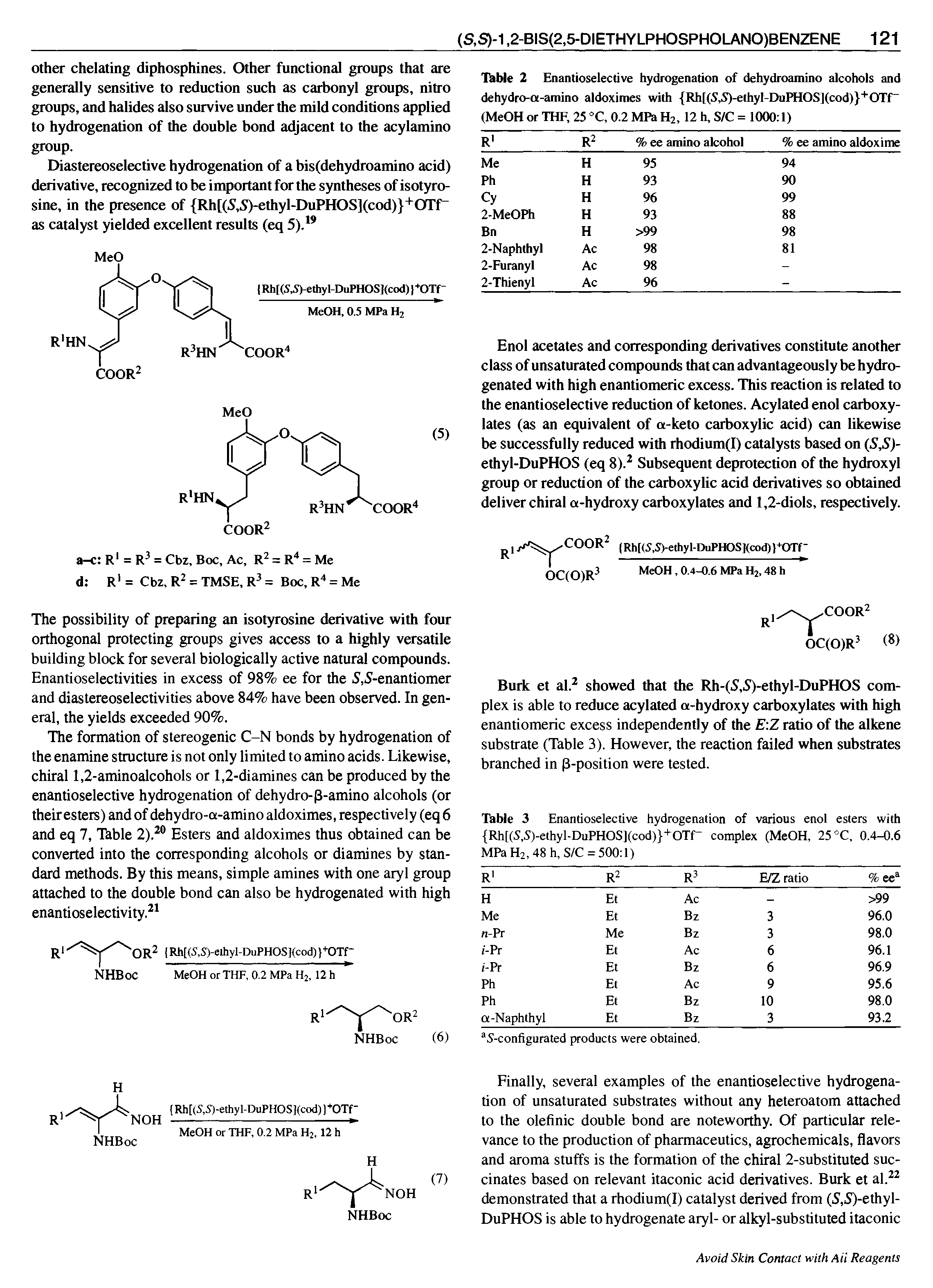 Table 3 Enantioselective hydrogenation of various enol Rh[(S,S)-ethyl-DuPHOS](cod) +OTr complex (MeOH, 25 MPaH2,48 h, S/C = 500 1) esters with °C, 0.4-0.6...