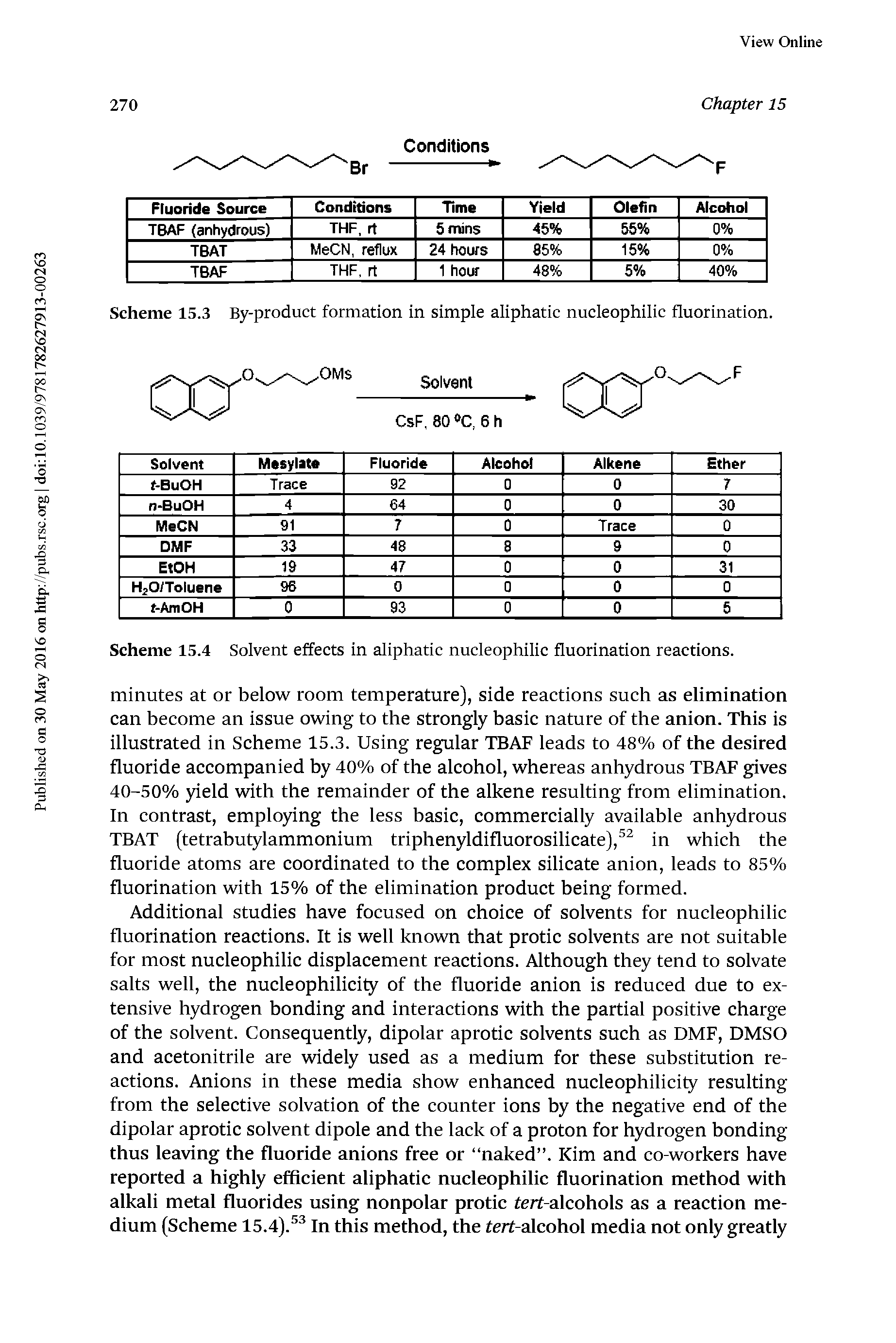 Scheme 15.4 Solvent effects in aliphatic nucleophilic fluorination reactions.