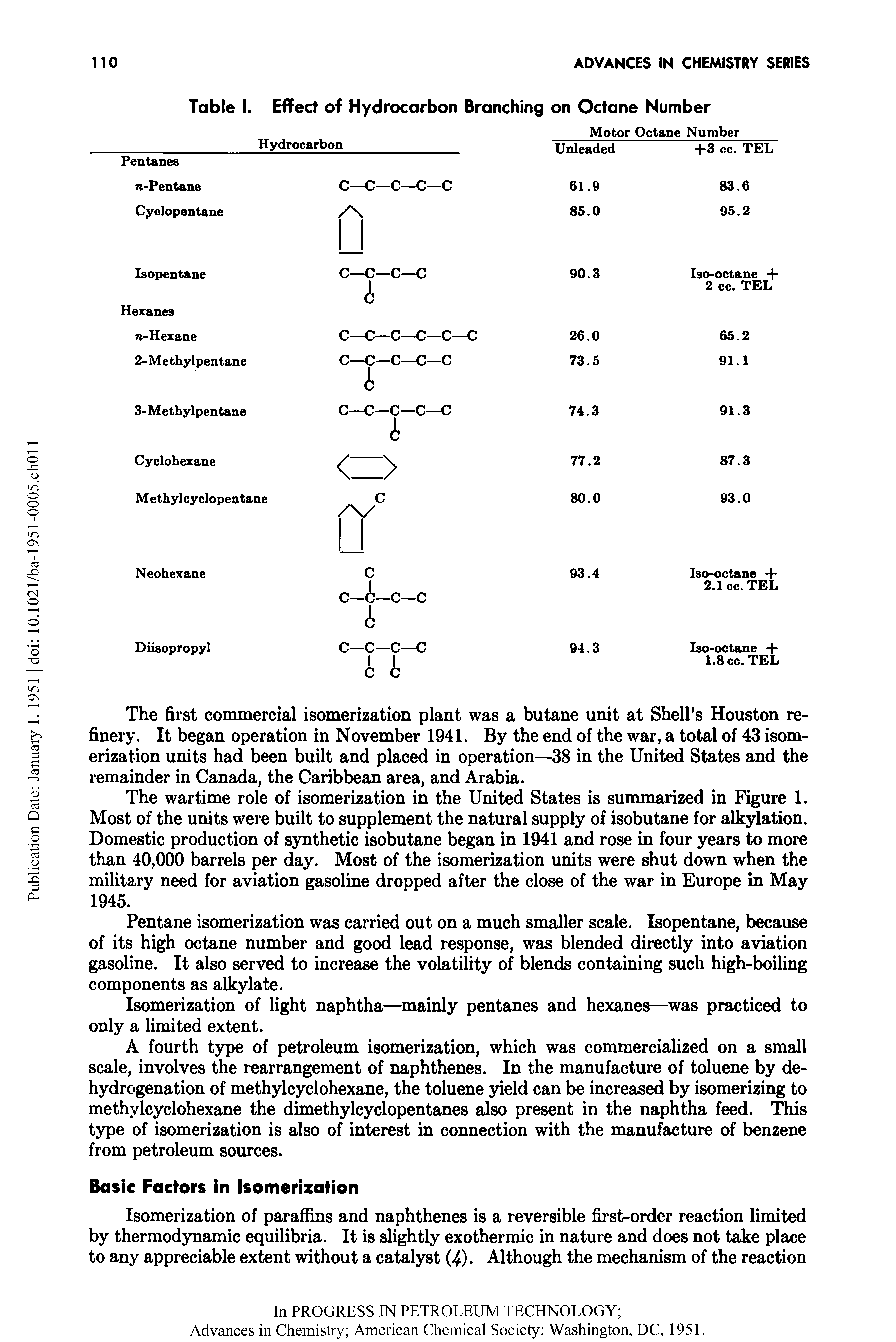 Table I. Effect of Hydrocarbon Branching on Octane Number...