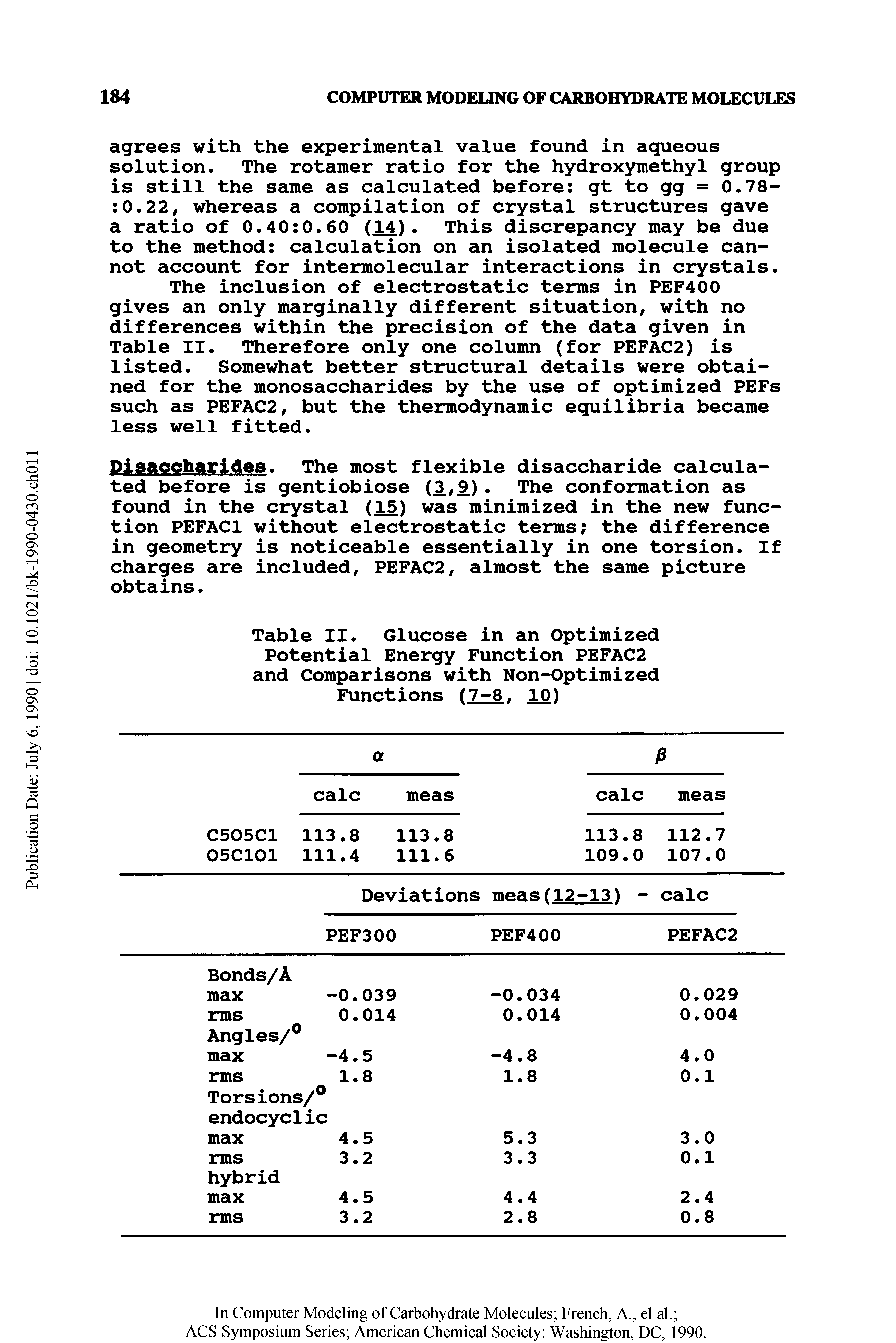 Table II. Glucose in an Optimized Potential Energy Function PEFAC2 and Comparisons with Non-Optimized Functions (7-8. 10)...