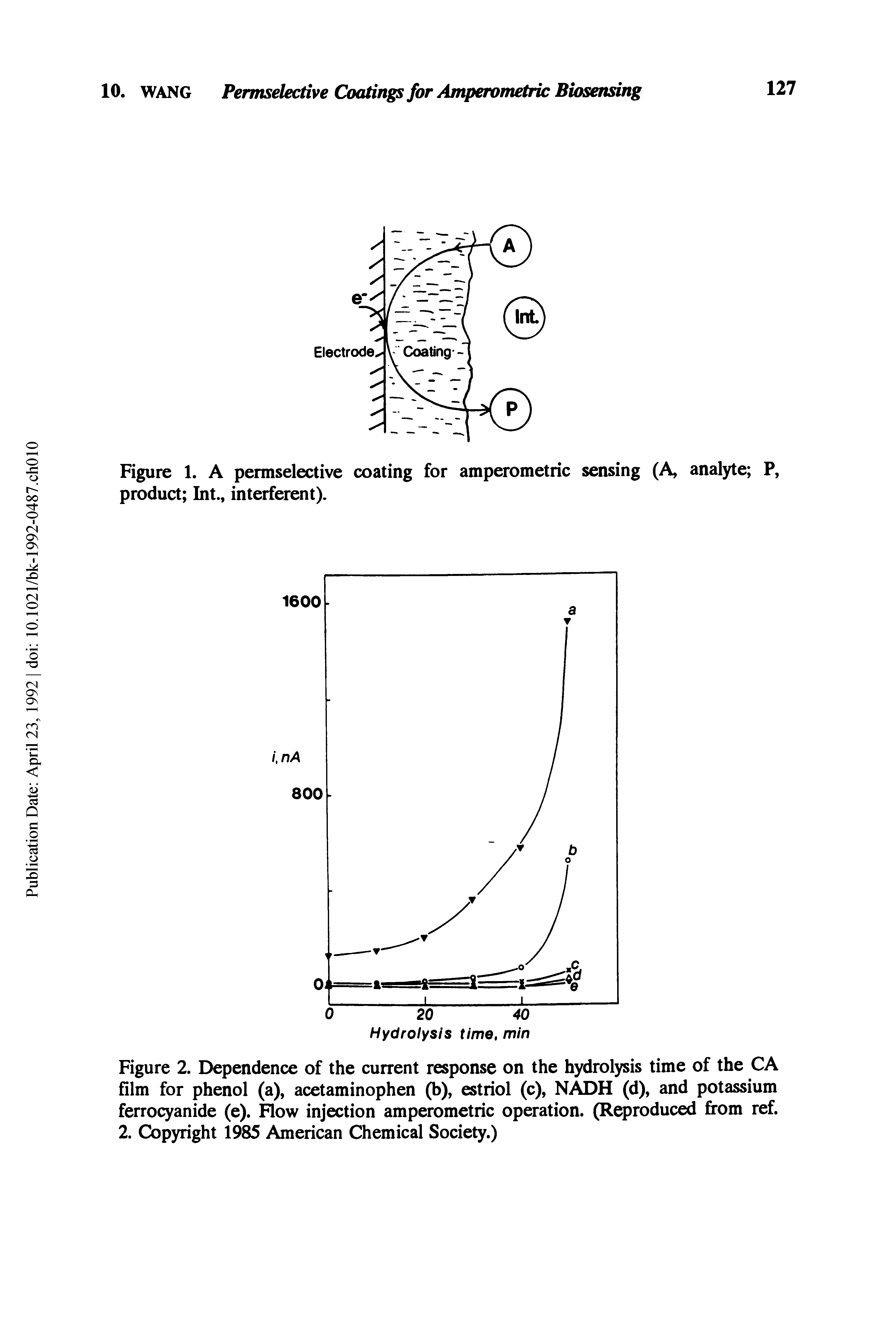 Figure 1. A permselective coating for amperometric sensing (A, analyte P, product Int., interferent).