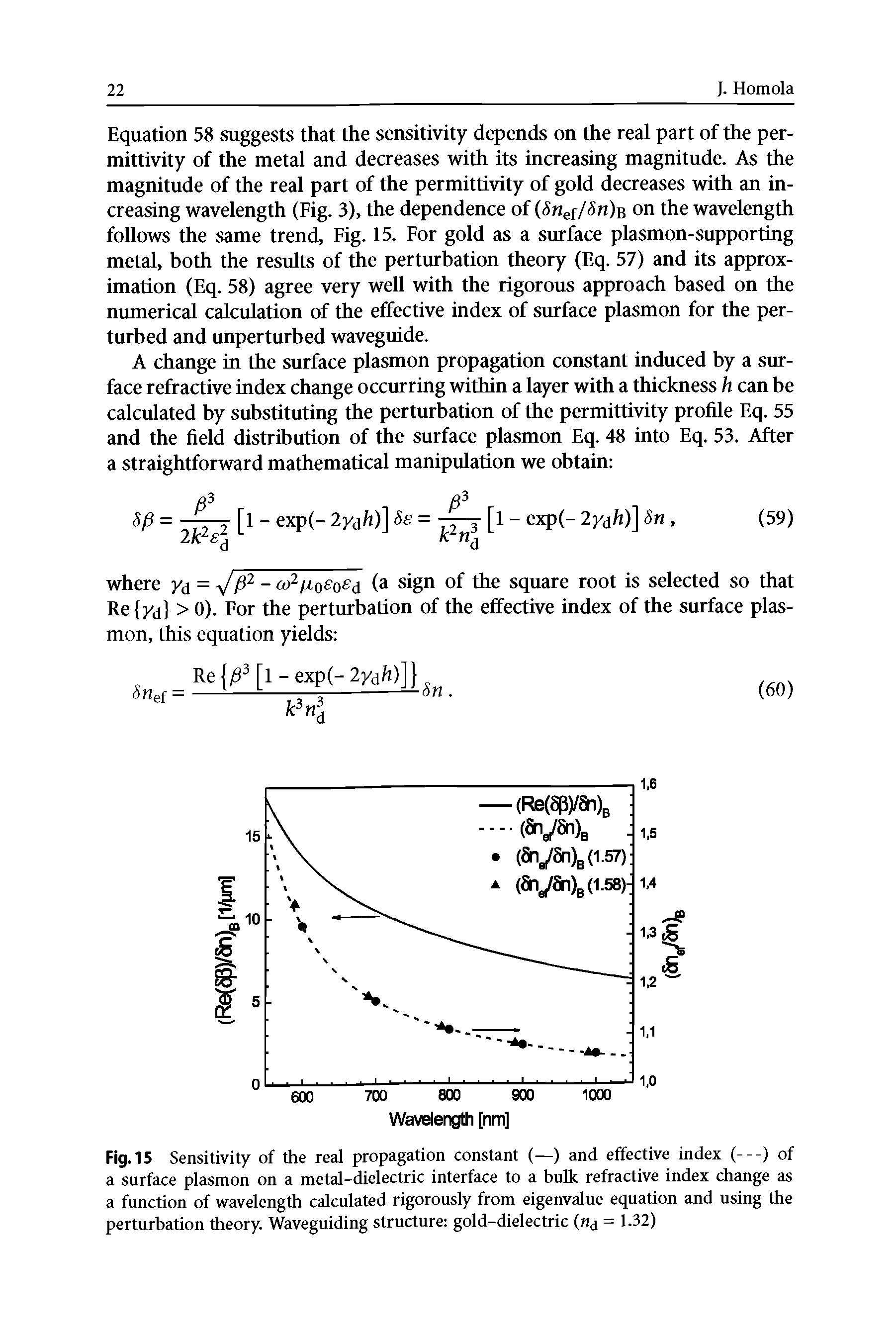 Fig. 15 Sensitivity of the real propagation constant (—) and effective index (---) of a surface plasmon on a metal-dielectric interface to a bulk refractive index change as a function of wavelength calculated rigorously from eigenvalue equation and using the perturbation theory. Waveguiding structure gold-dielectric (nj = 1.32)...