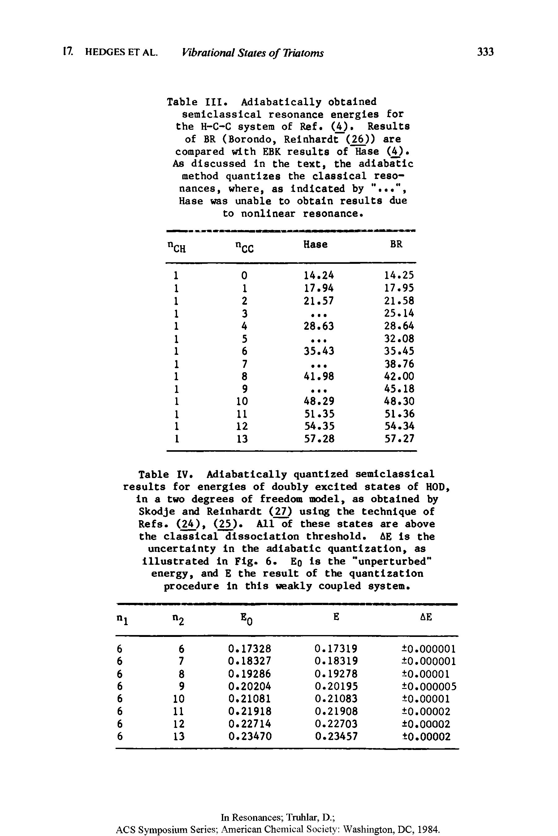 Table III. Adlabatlcally obtained semlclasslcal resonance energies for the H-C-C system of Ref. (O. Results of BR (Borondo, Reinhardt (26)) are compared with EBK results of Hase (O. As discussed In the text, the adiabatic method quantizes the classical resonances, where, as Indicated by Hase was unable to obtain results due to nonlinear resonance.