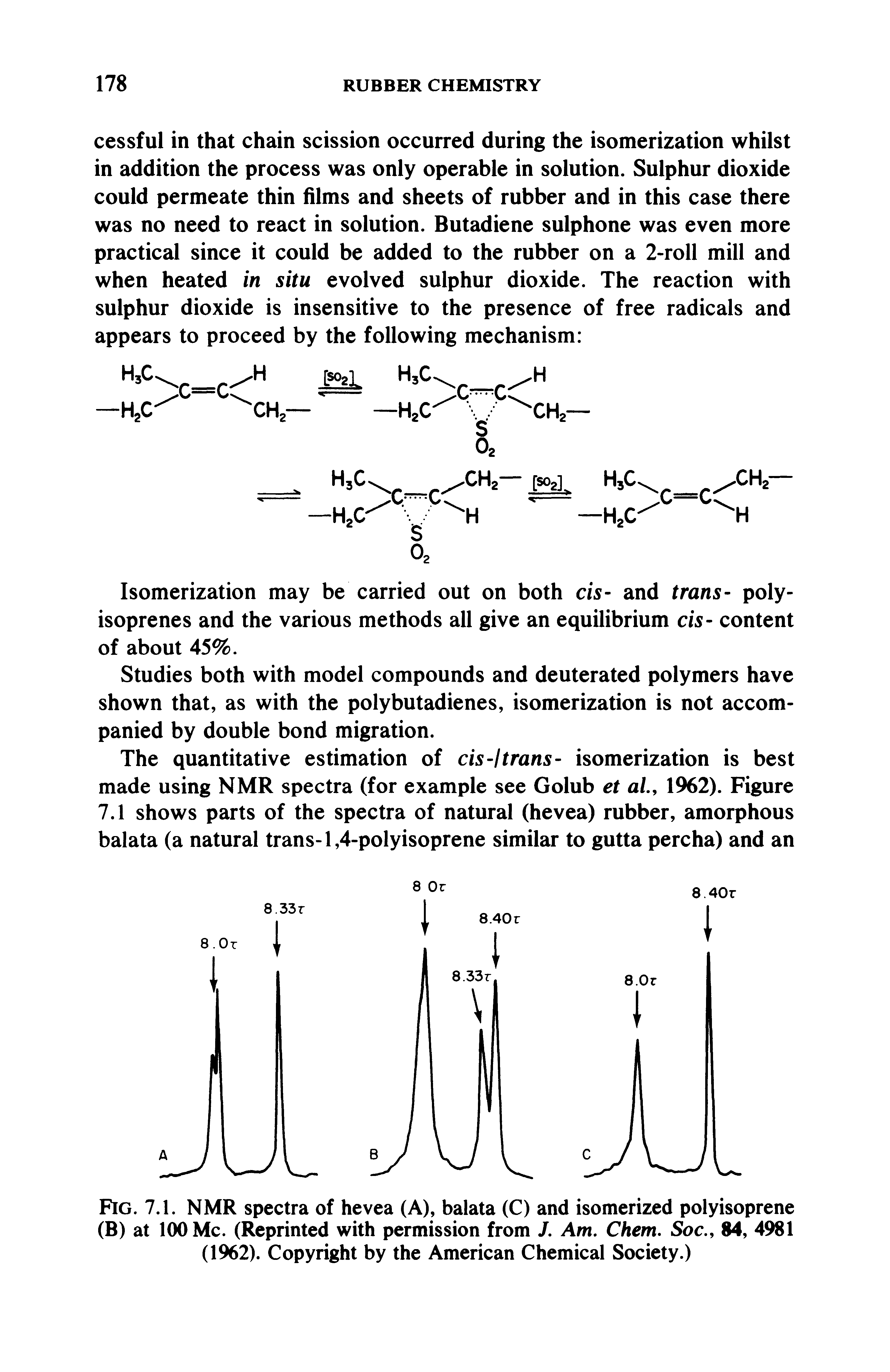 Fig. 7.1. NMR spectra of hevea (A), balata (C) and isomerized polyisoprene (B) at 100 Me. (Reprinted with permission from J. Am. Chem. Soc., 84, 4981 (1962). Copyright by the American Chemical Society.)...