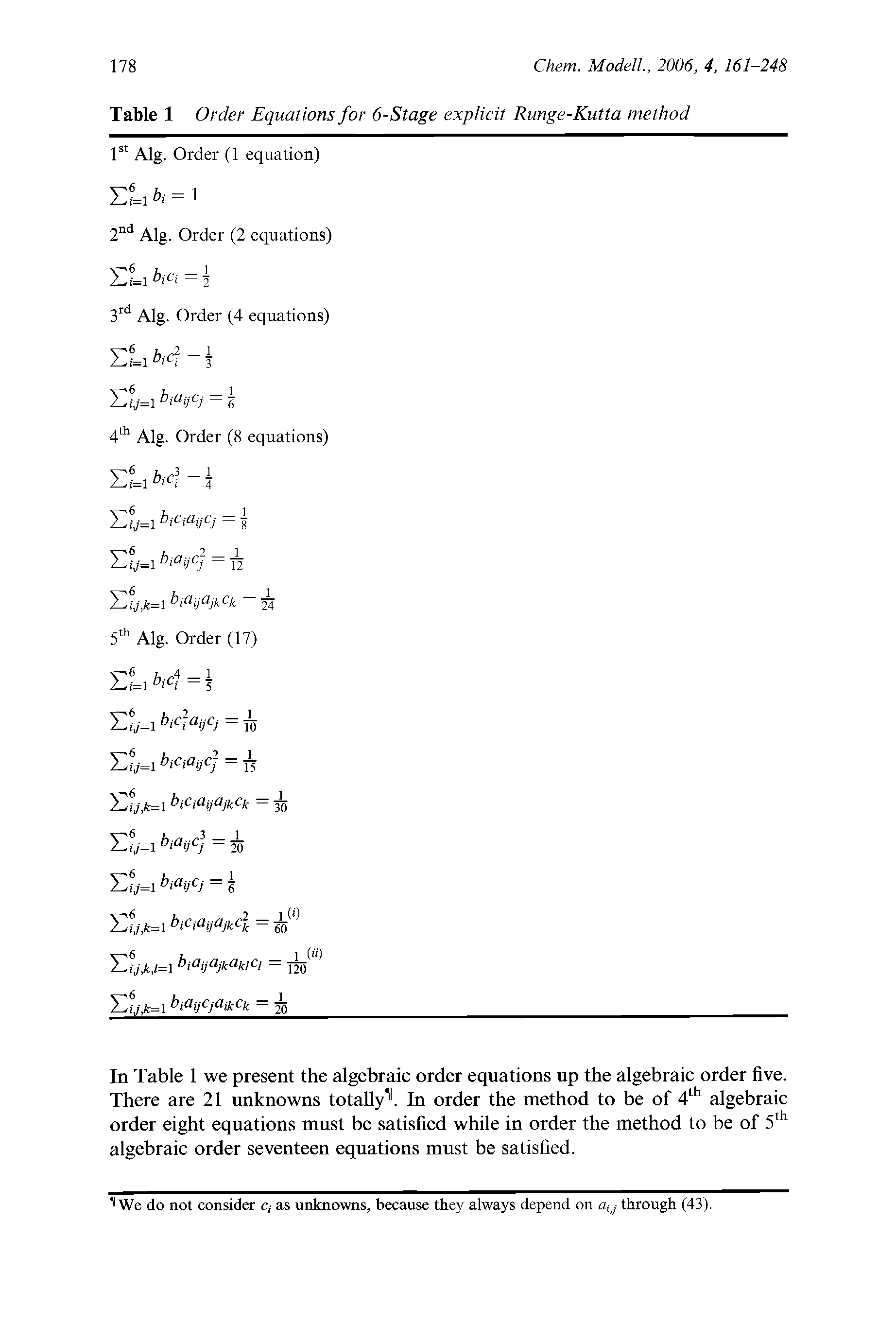 Table 1 Order Equations for 6-Stage explicit Runge-Kutta method 1st Alg. Order (1 equation)...