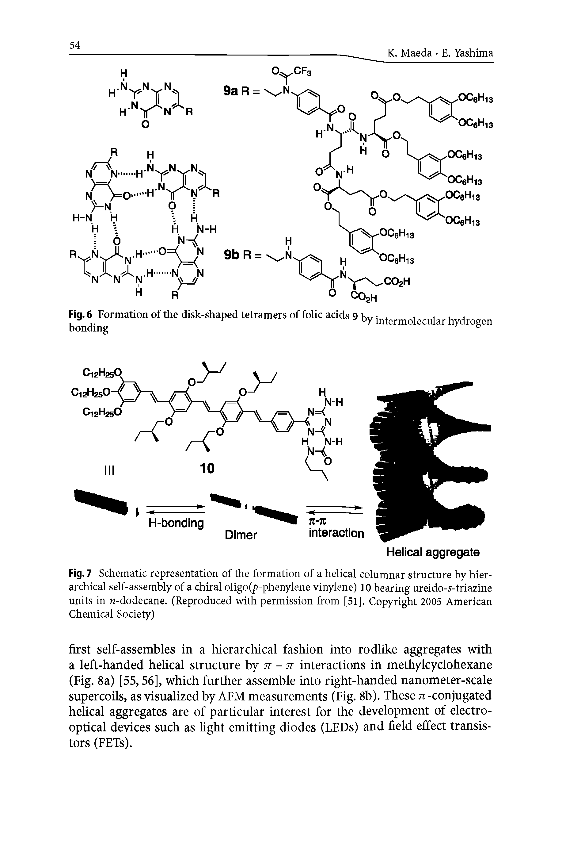 Fig. 7 Schematic representation of the formation of a helical columnar structure by hierarchical self-assembly of a chiral oligo(p-phenylene vinylene) 10 bearing ureido-s-triazine units in M-dodecane. (Reproduced with permission from [51]. Copyright 2005 American Chemical Society)...