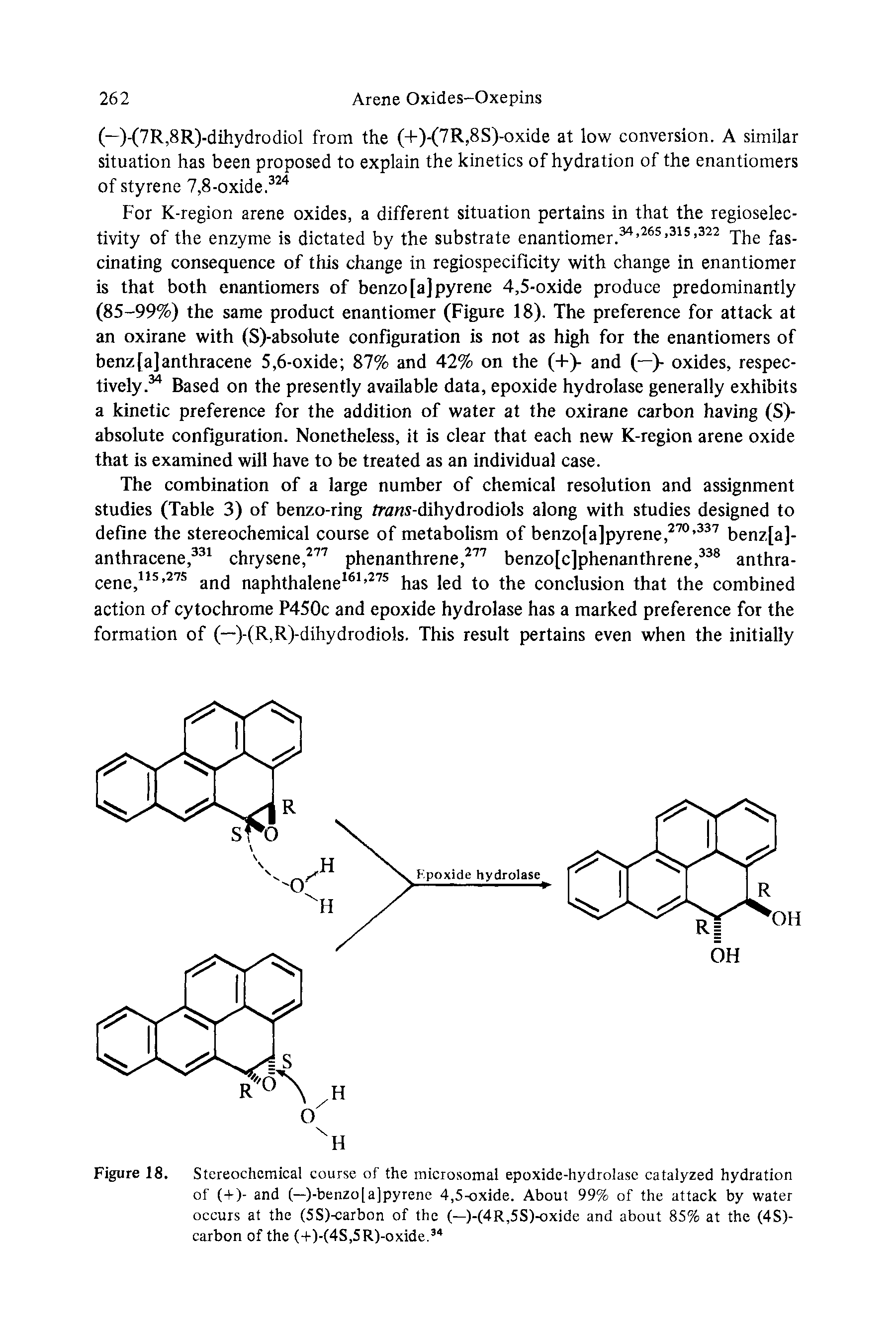 Figure 18. Stereochemical course of the microsomal epoxide-hydrolase catalyzed hydration of (-) )- and (—)-benzo[a]pyrene 4,5-oxide. About 99% of the attack by water occurs at the (5S)-carbon of the (—)-(4R,5S)-oxide and about 85% at the (4S)-carbon of the (-l-)-(4S,5R)-oxide. ...