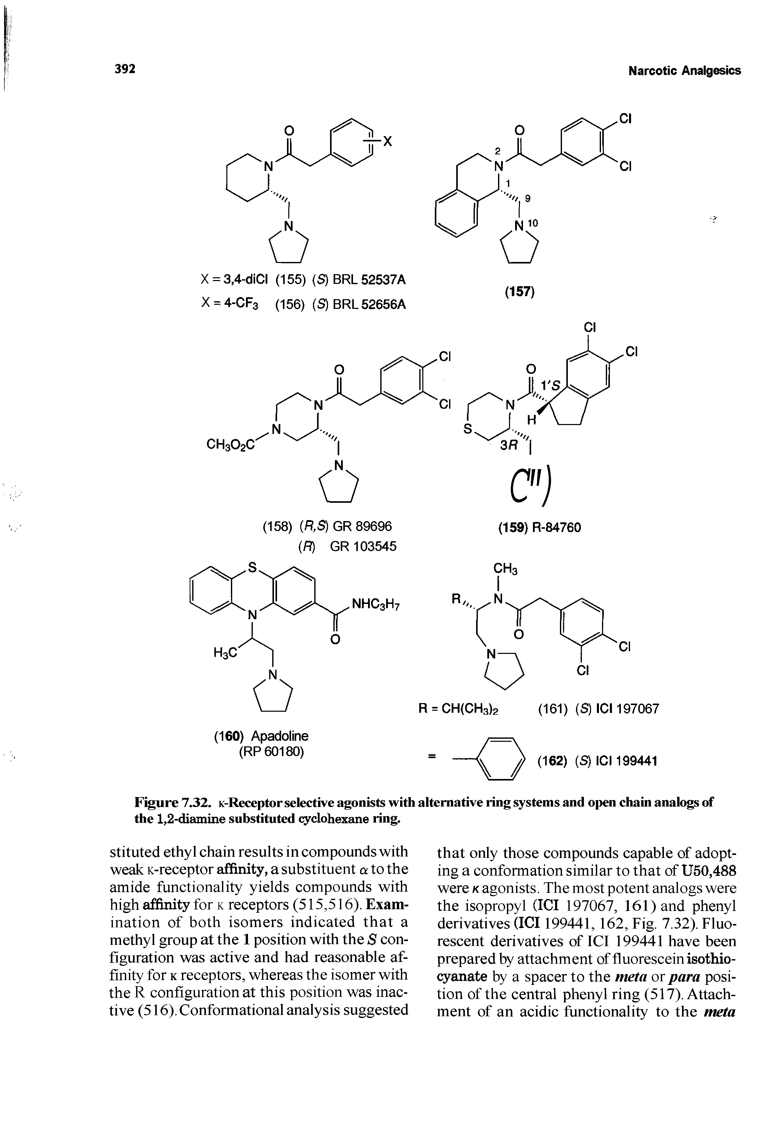 Figure 7.32. K-Receptor selective agonists with alternative ring systems and open chain analogs of the 1,2-diainine substituted cyclohexane ring.