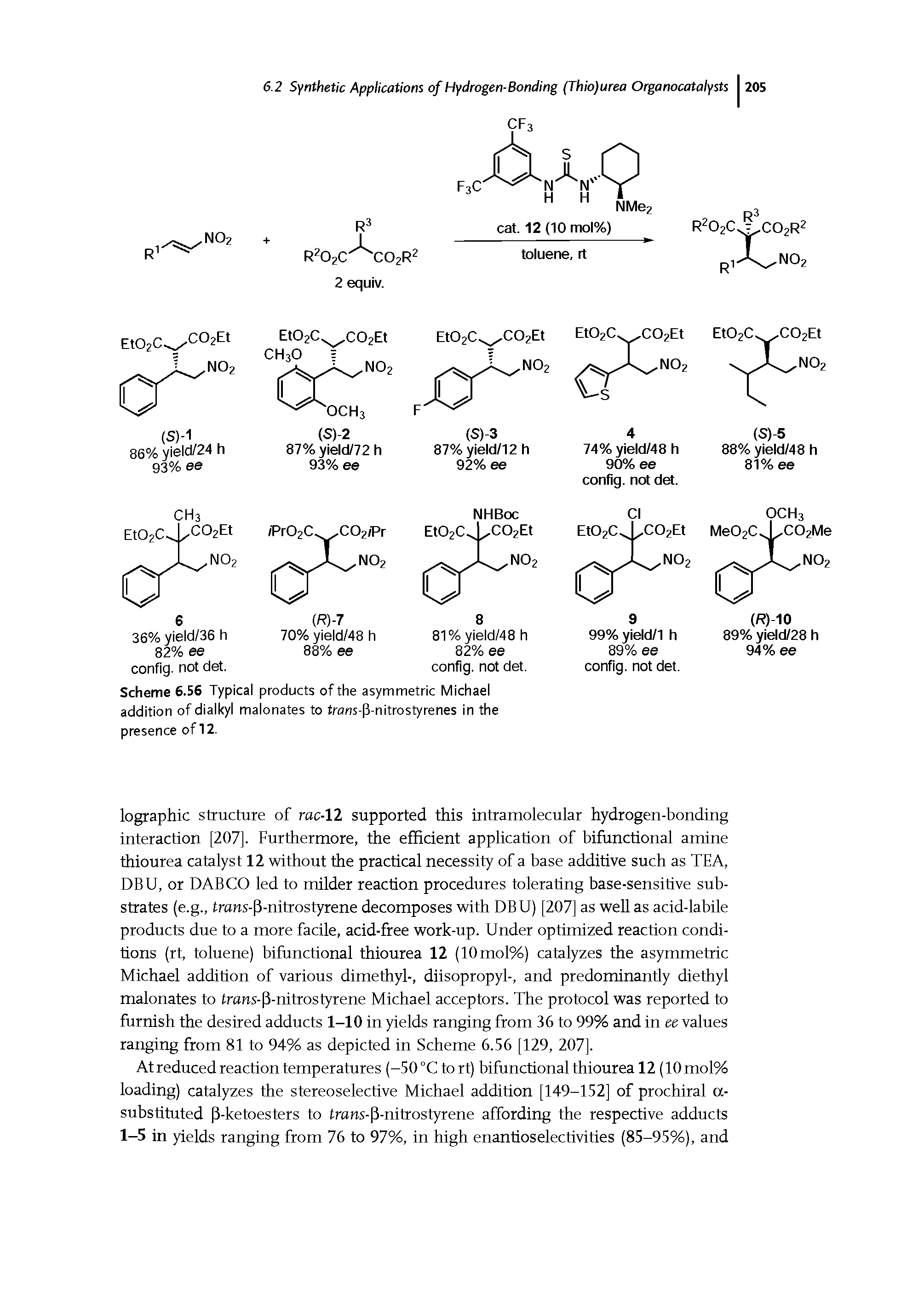 Scheme 6.56 Typical products of the asymmetric Michael addition of dialkyl malonates to frans-P-nitrostyrenes in the presence of 12.