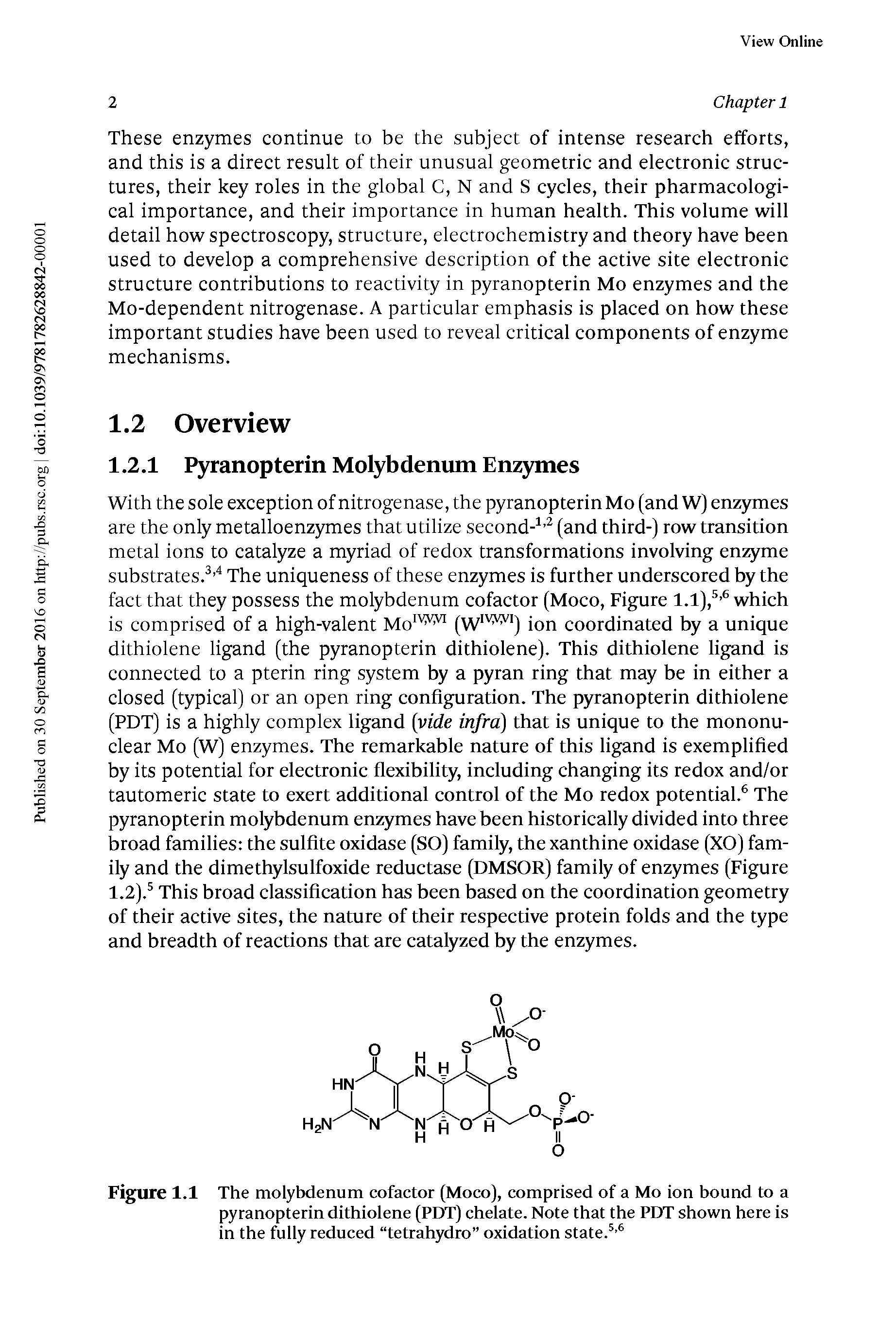 Figure 1.1 The molybdenum cofactor (Moco), comprised of a Mo ion bound to a pyranopterin dithiolene (PDT) chelate. Note that the PDT shown here is in the fully reduced tetrahydro oxidation state. ...