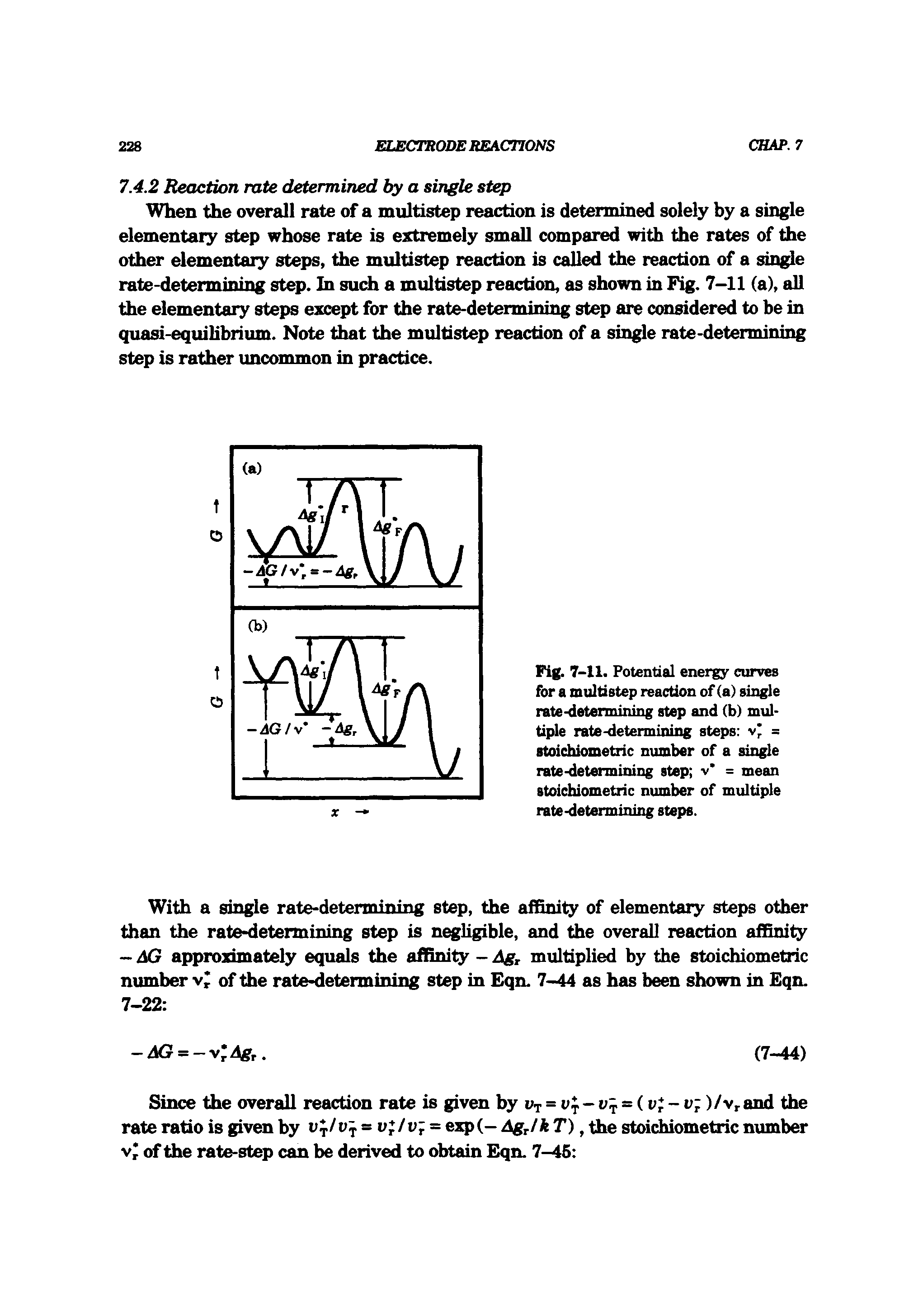 Fig. 7-11. Potential energy curves for a mialtistep reaction of (a) single rate-determining step and (b) multiple rate-determining steps v = stoichiometric number of a single rate-determining step v = mean stoichiometric number of multiple rate-determining steps.