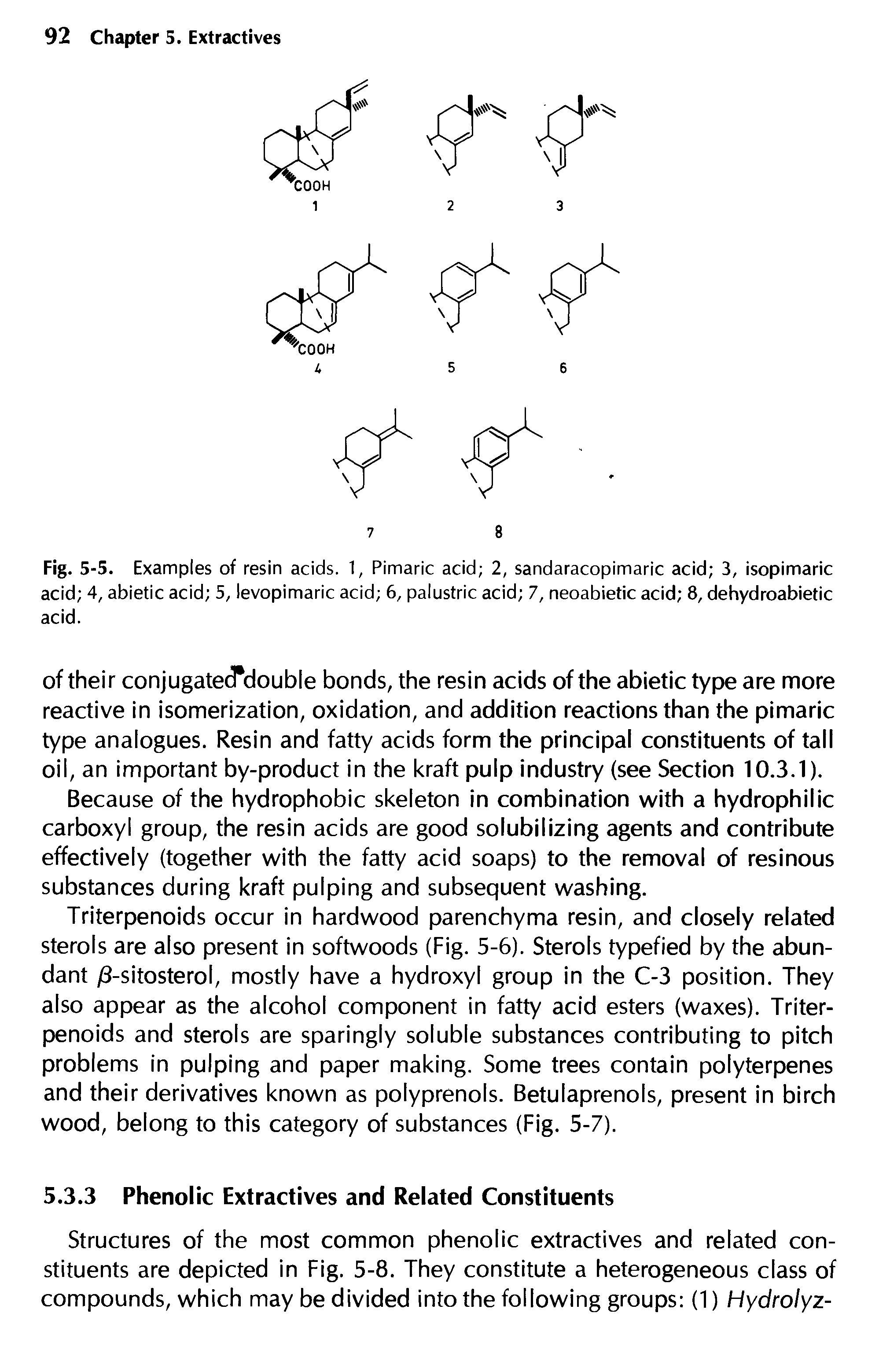 Fig. 5-5. Examples of resin acids. 1, Pimaric acid 2, sandaracopimaric acid 3, isopimaric acid 4, abietic acid 5, levopimaric acid 6, palustric acid 7, neoabietic acid 8, dehydroabietic acid.