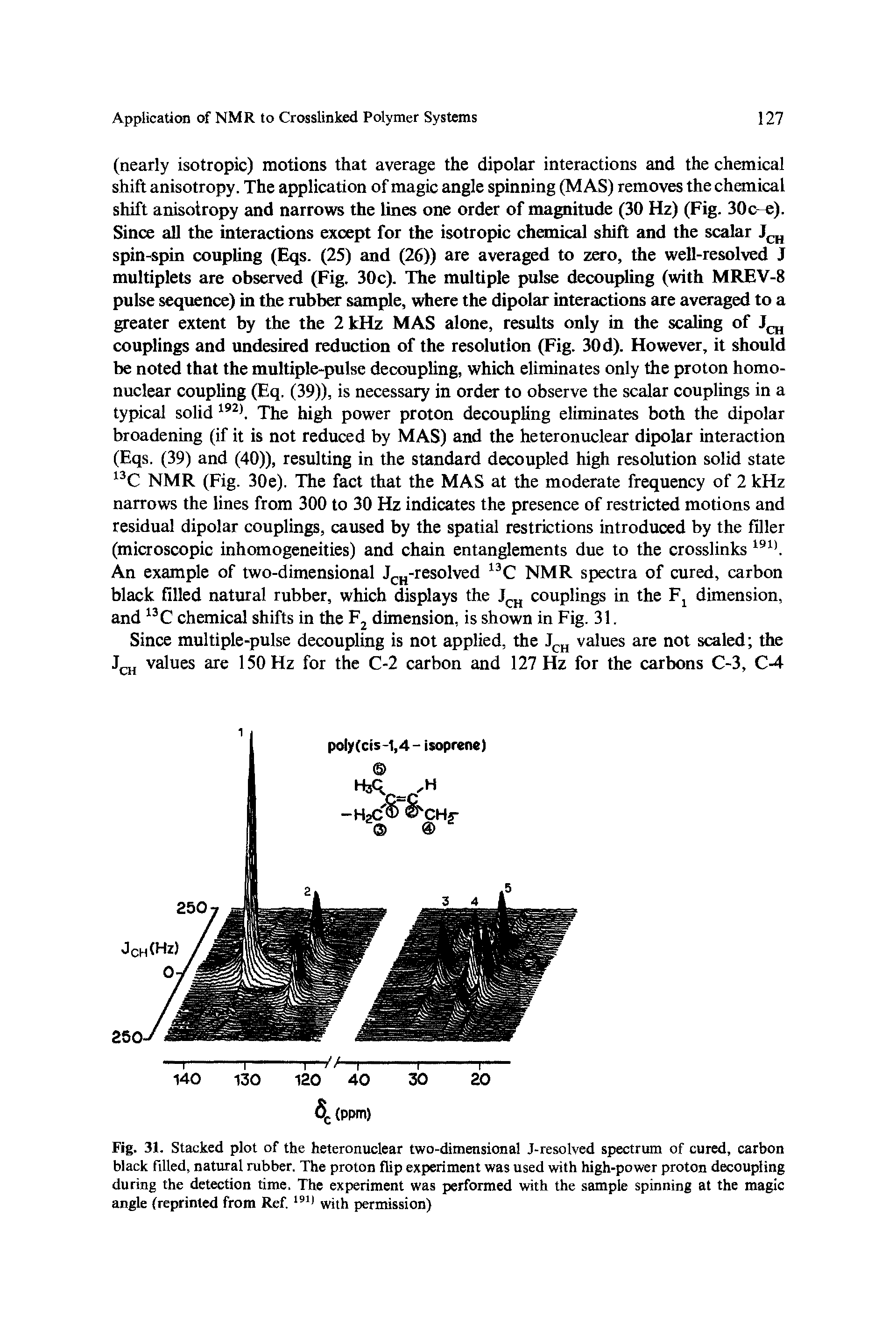 Fig. 31. Stacked plot of the heteronuclear two-dimensional J-resolved spectrum of cured, carbon black filled, natural rubber. The proton flip experiment was used with high-power proton decoupling during the detection time. The experiment was performed with the sample spinning at the magic angle (reprinted from Ref. 1911 with permission)...