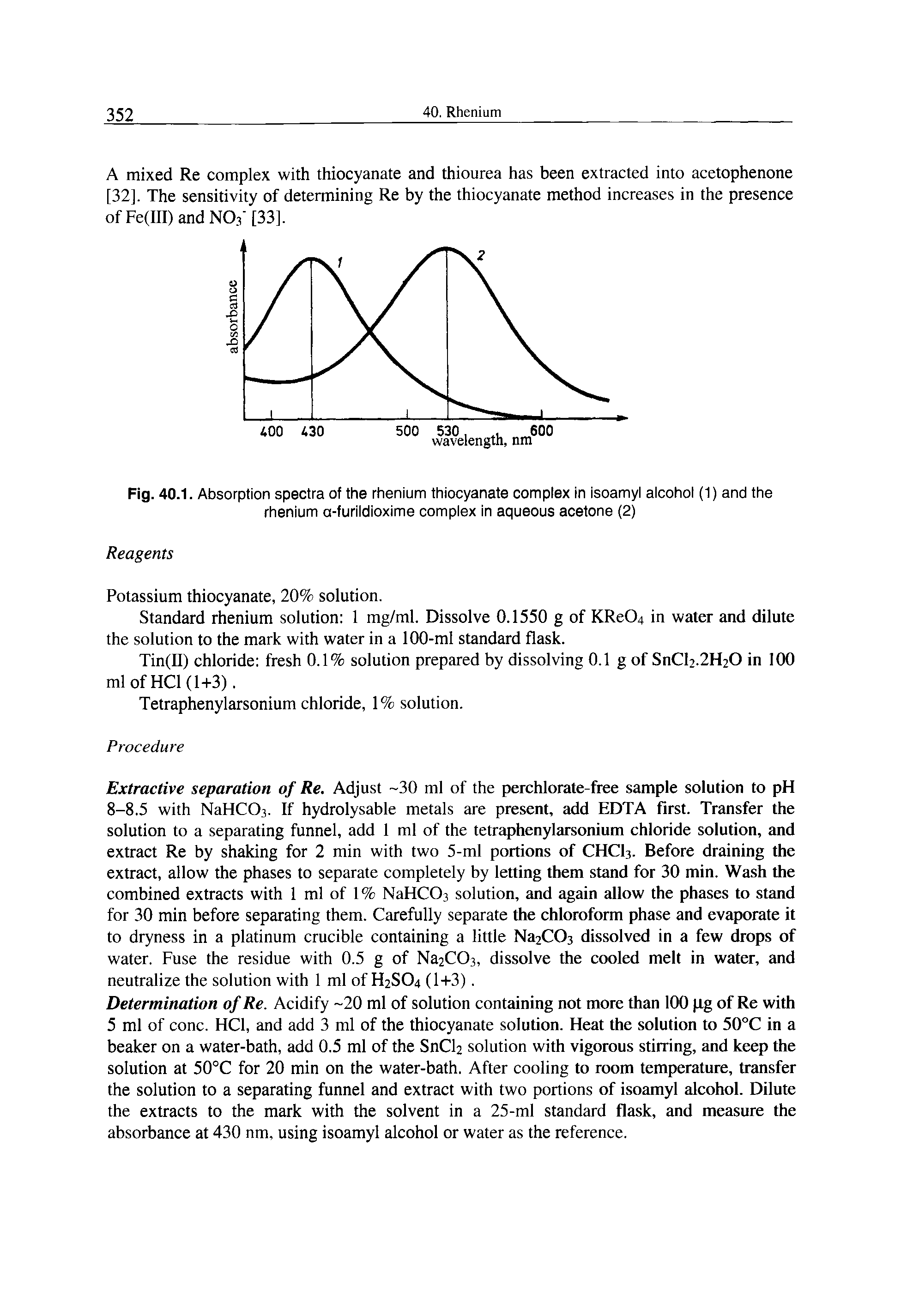 Fig. 40.1. Absorption spectra of the rhenium thiocyanate complex in isoamyi aicohol (1) and the rhenium a-furildioxime compiex in aqueous acetone (2)...