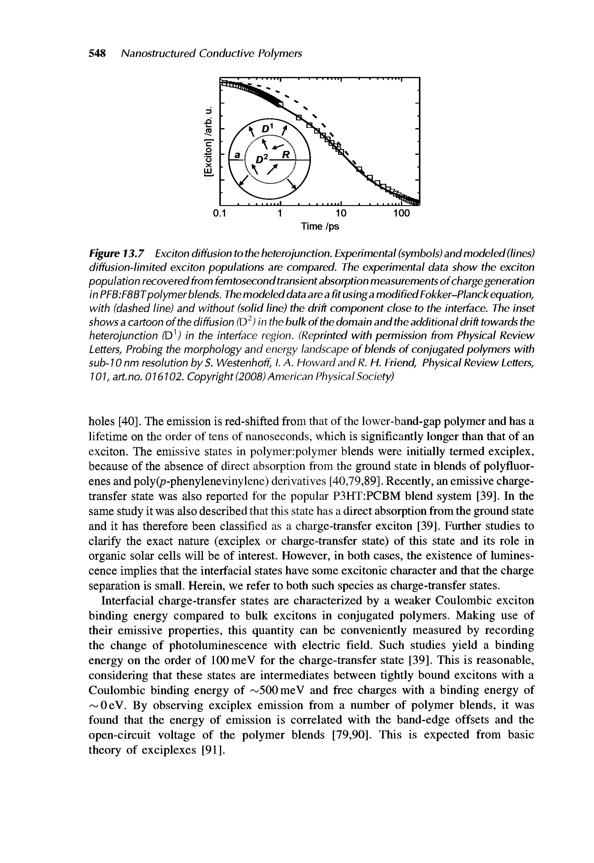 Figure 13.7 Exciton diffusion to the heterojunction. Experimental (symbols) and modeled (lines) diffusion-limited exciton populations are compared. The experimental data show the exciton population recovered from femtosecond transient absorption measurements of charge generation in PFB F8BT polymer blends. The modeled data are a fit using a modified Fokker-Planck equation, with (dashed line) and without (solid line) the drift component close to the interface. The inset shows a cartoon of the diffusion (D ) in the bulk of the domain and the additional drift towards the heterojunction (DV in the interface region. (Reprinted with permission from Physical Review Letters, Probing the morphology and energy landscape of blends of conjugated polymers with sub-10 nm resolution by S. Westenhoff, I. A. Howard and R. H. Friend, Physical Review Letters, 101, art.no. 016102. Copyright (2008) American Physical Society)...